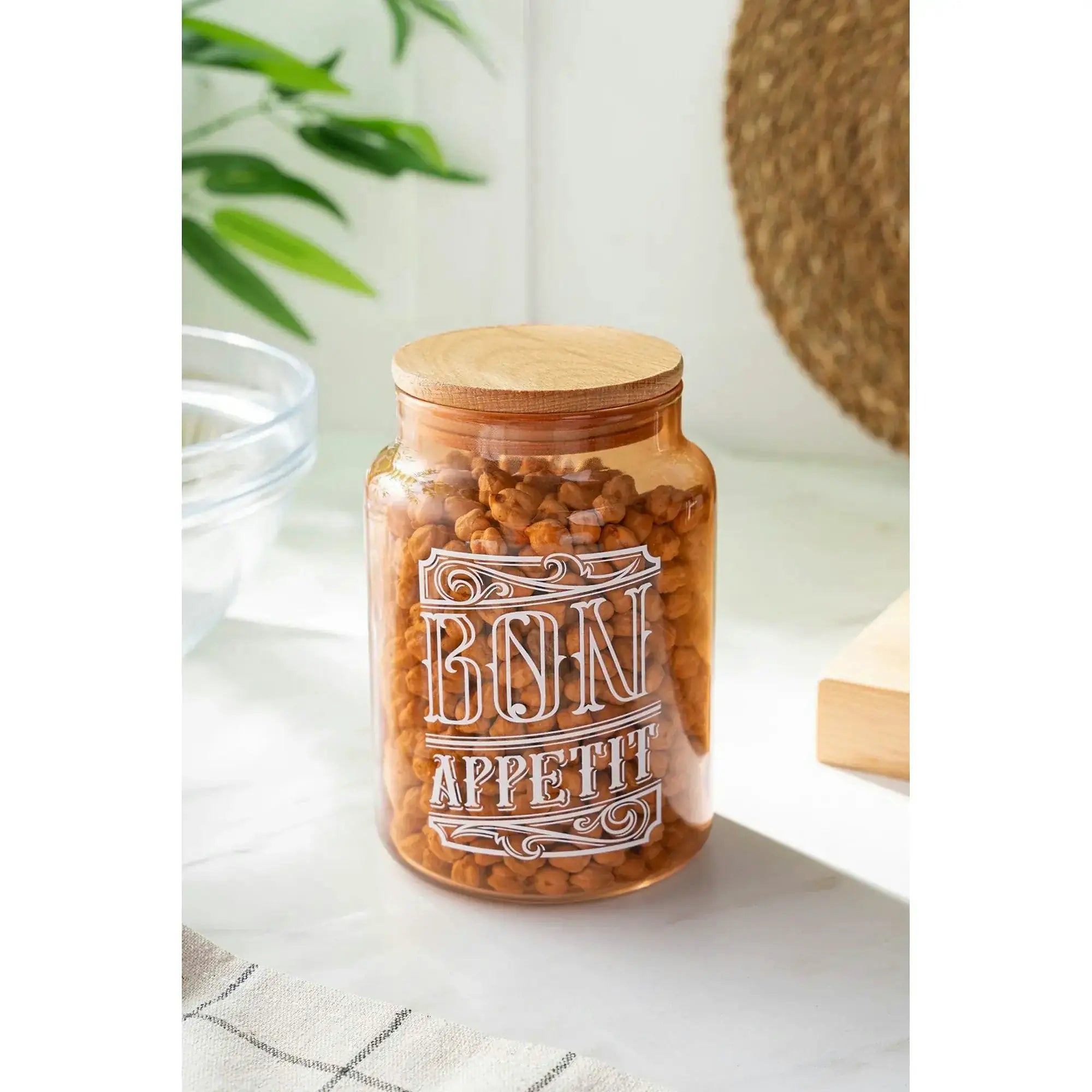 Borcan cu capac 503HRN1185, portocaliu/maro, sticla/lemn, 890 ml