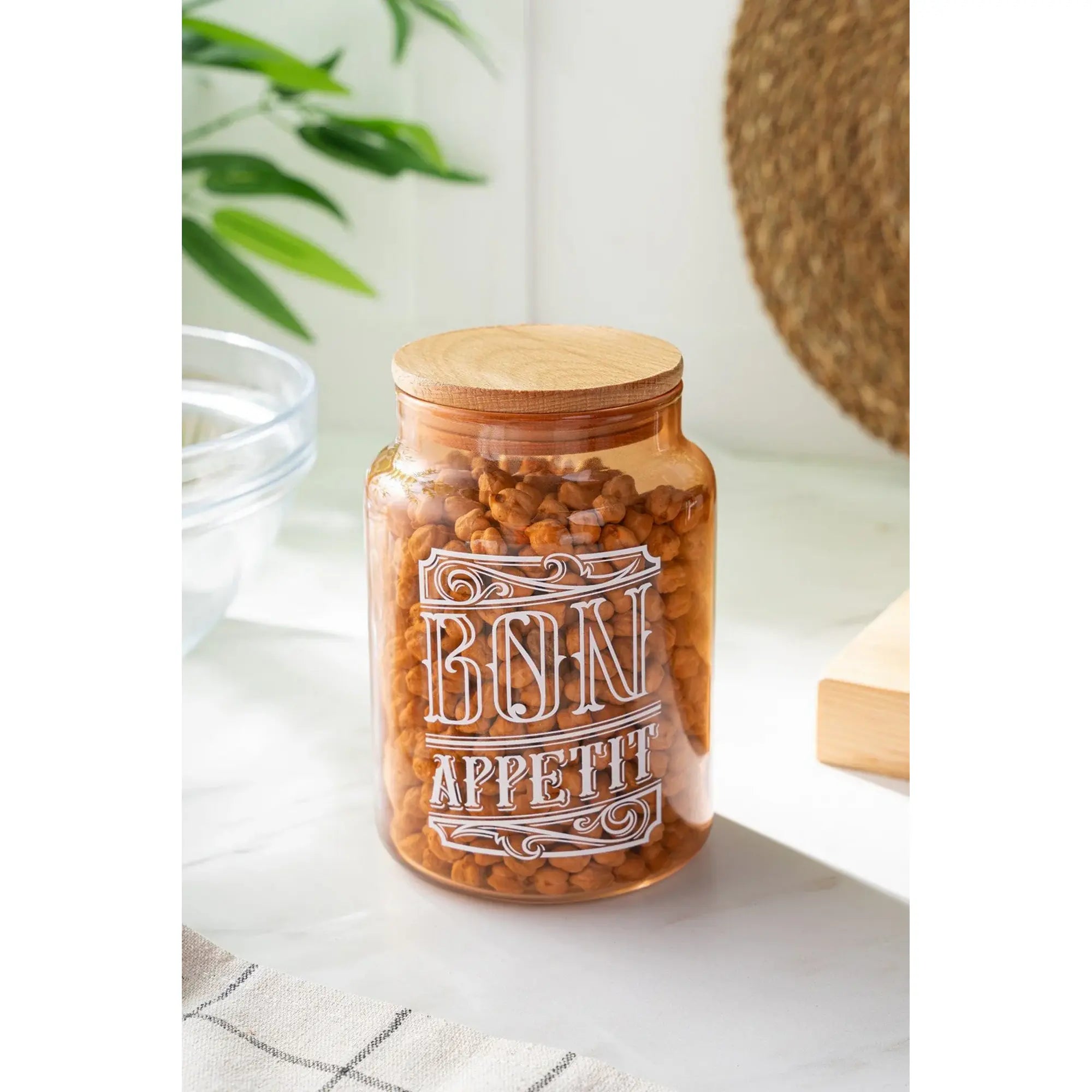 Borcan cu capac 503HRN1185, portocaliu/maro, sticla/lemn, 890 ml