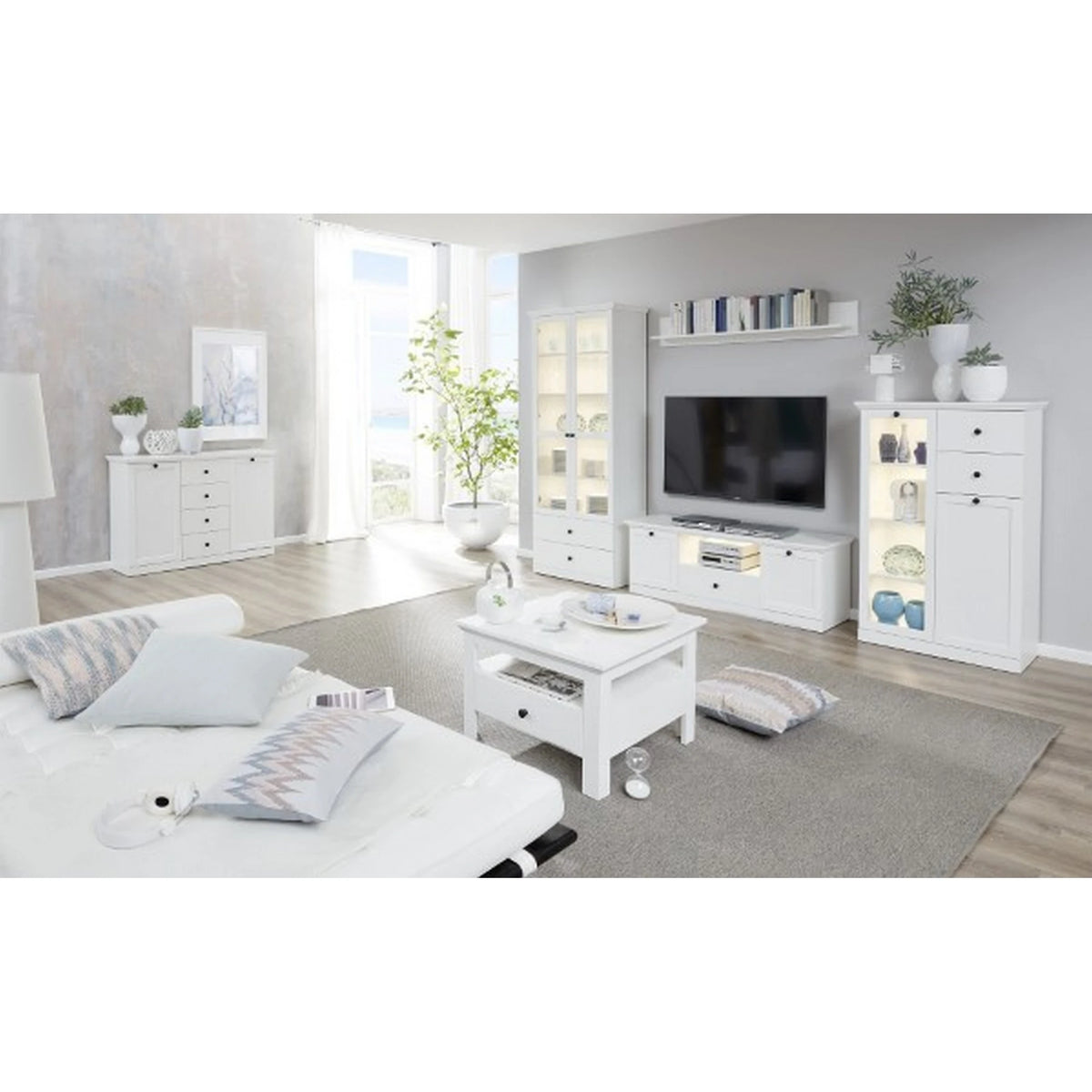 Vitrina living moderna BRANDSON, alb, PAL laminat, cu iluminare led, 81x41x196 cm