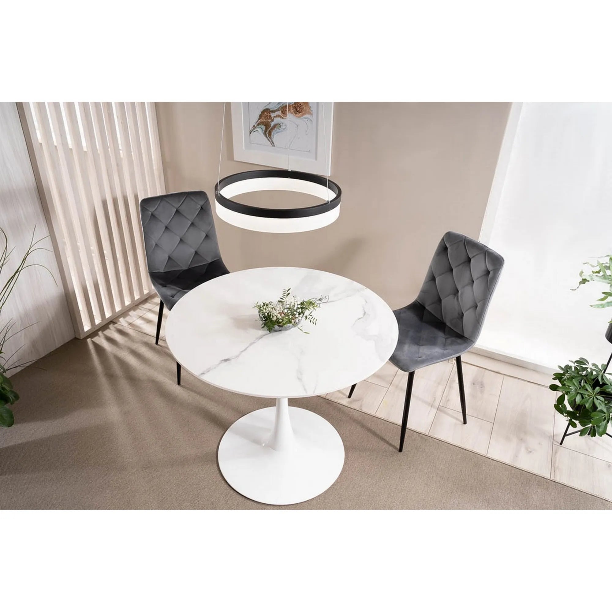 Masa ESPERO, alb cu efect de marmura/alb, ceramica/metal, 90x90x75 cm