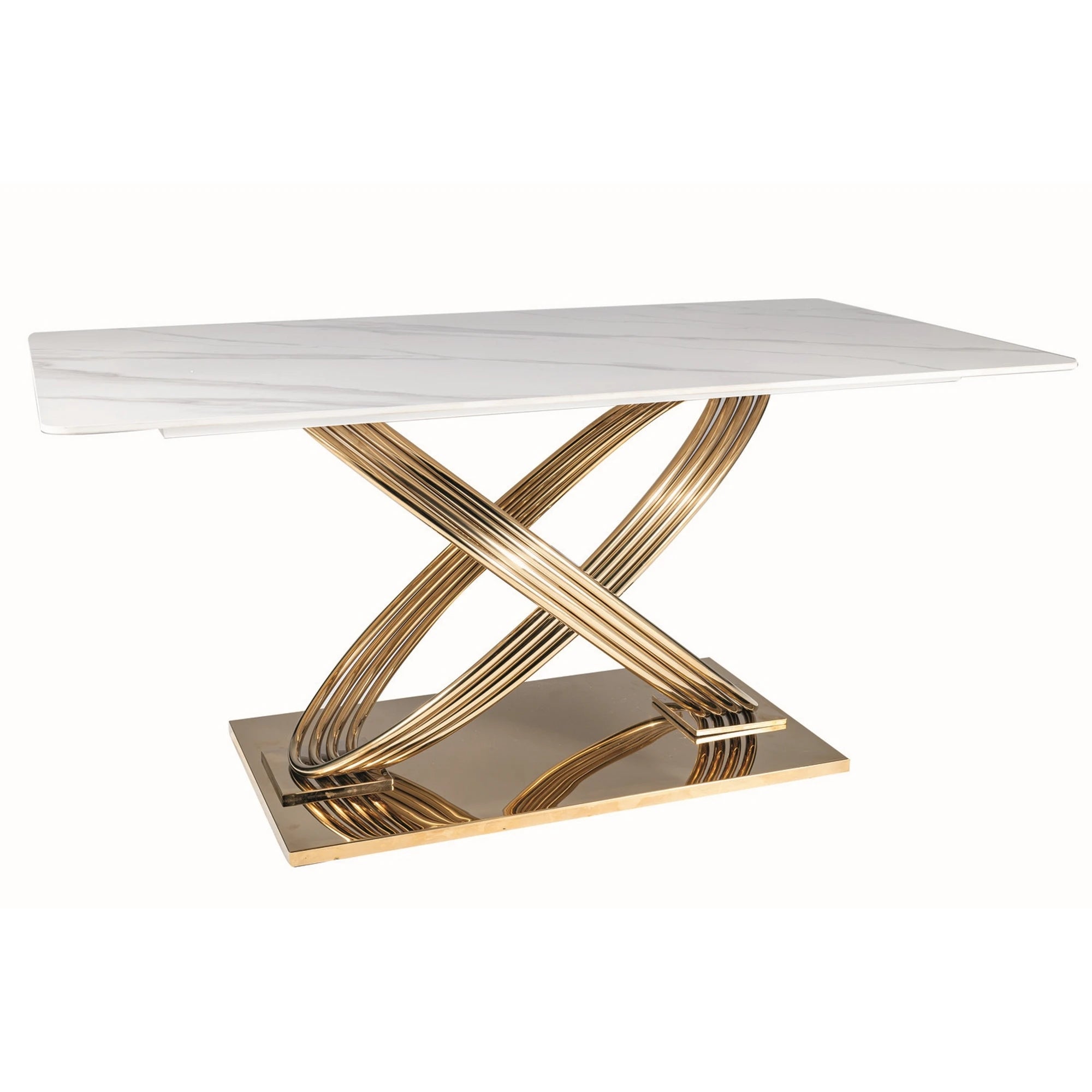 Masa dining 160 cm HERMES, alb cu efect de marmura/auriu, ceramica/metal, 160x90x75 cm