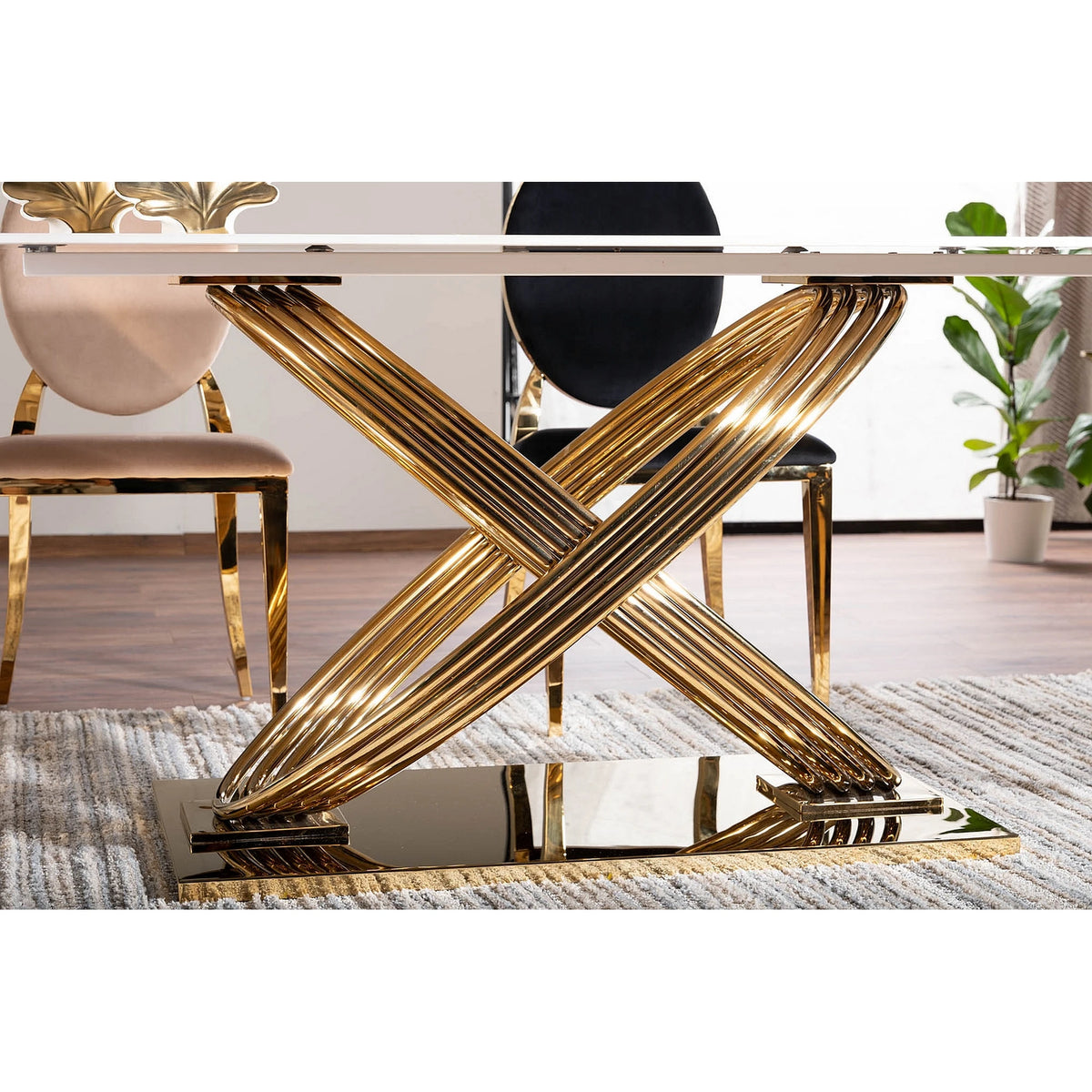Masa dining 160 cm HERMES, alb cu efect de marmura/auriu, ceramica/metal, 160x90x75 cm