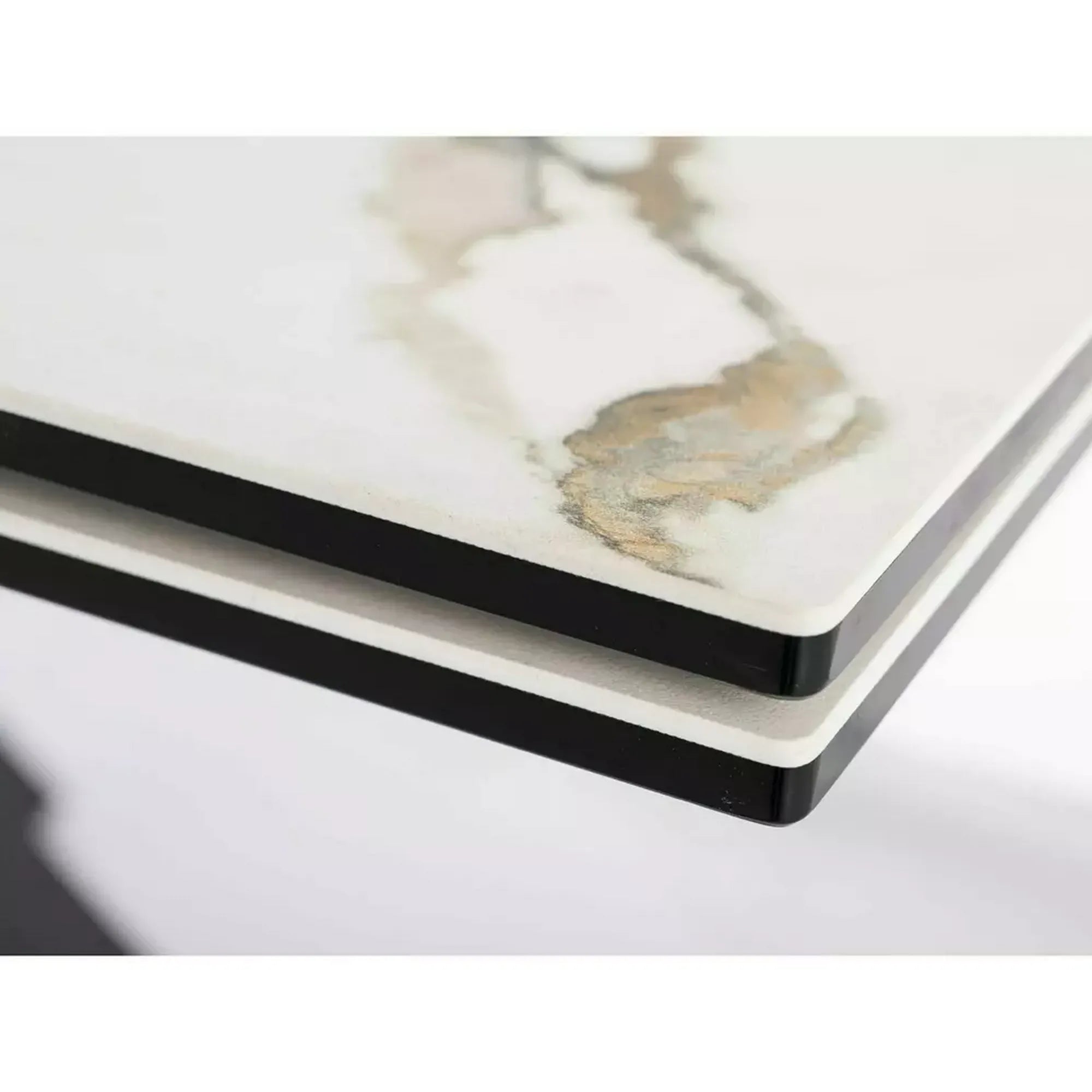 Masa extensibila sticla securizata COLUMBUS, alb cu efect de marmura/negru, sticla/ceramica/metal, 160/240x90x76 cm