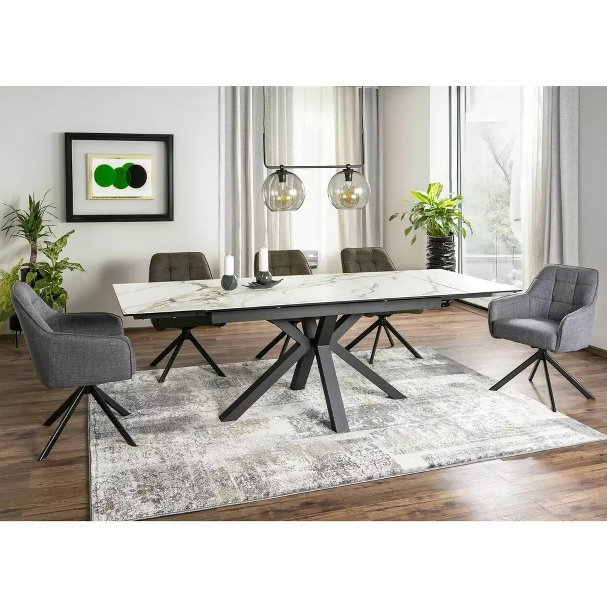 Masa extensibila sticla securizata COLUMBUS, alb cu efect de marmura/negru, sticla/ceramica/metal, 160/240x90x76 cm