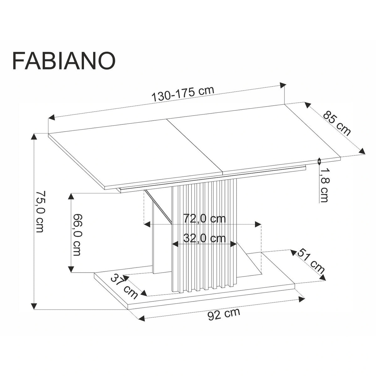 Masa living moderna FABIANO, stejar/negru, PAL laminat, 130/175x85x76 cm