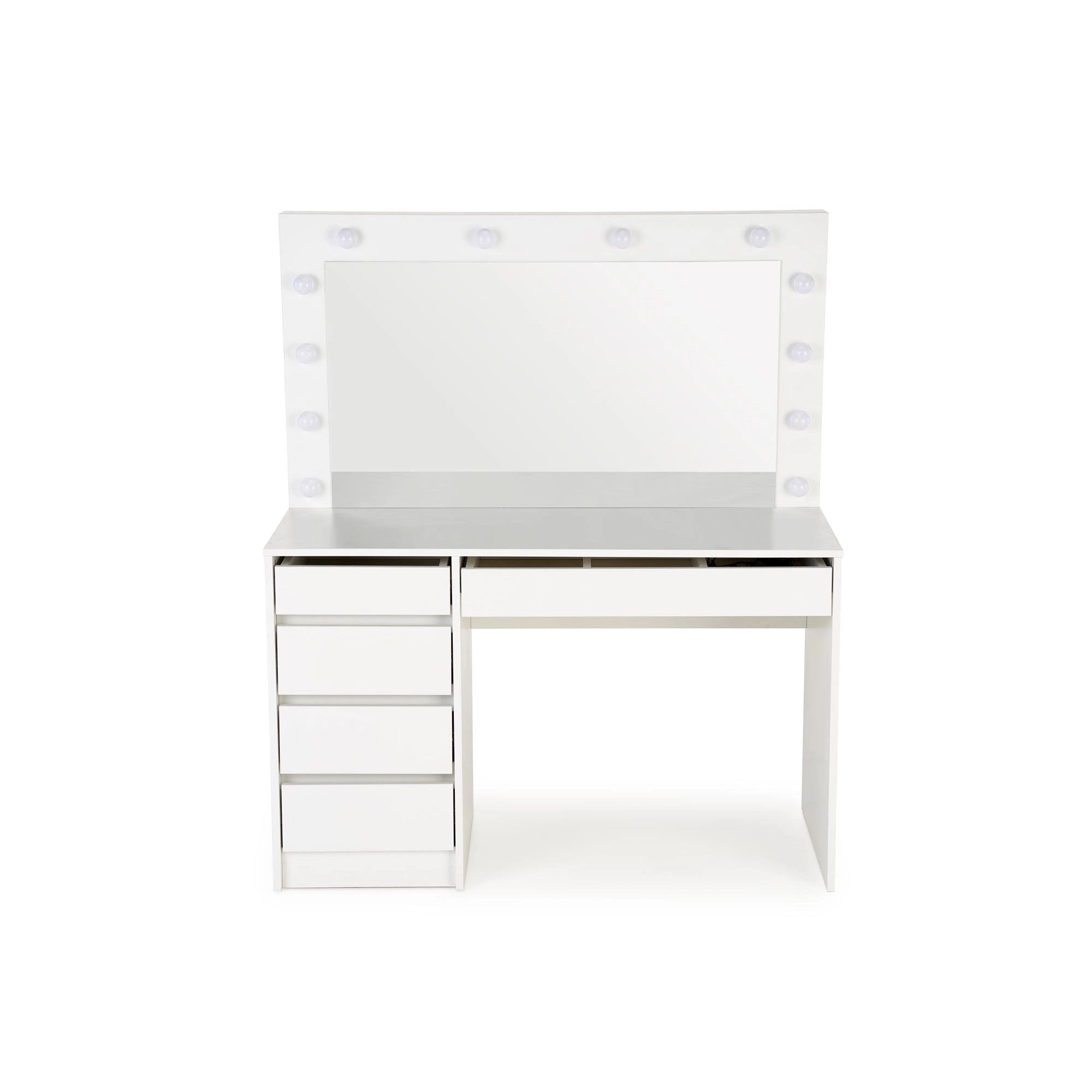 Masa de toaleta cu oglinda cu leduri HOLLYWOOD XL, alb, PAL furniruit, 120x55x140 cm