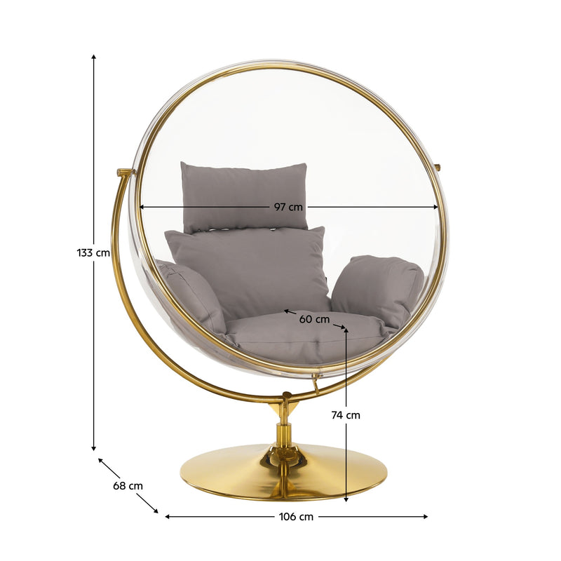 Scaun suspendat BUBBLE TIP 2, auriu/transparent/gri, otel/acril/tesatura, 106x80x135 cm