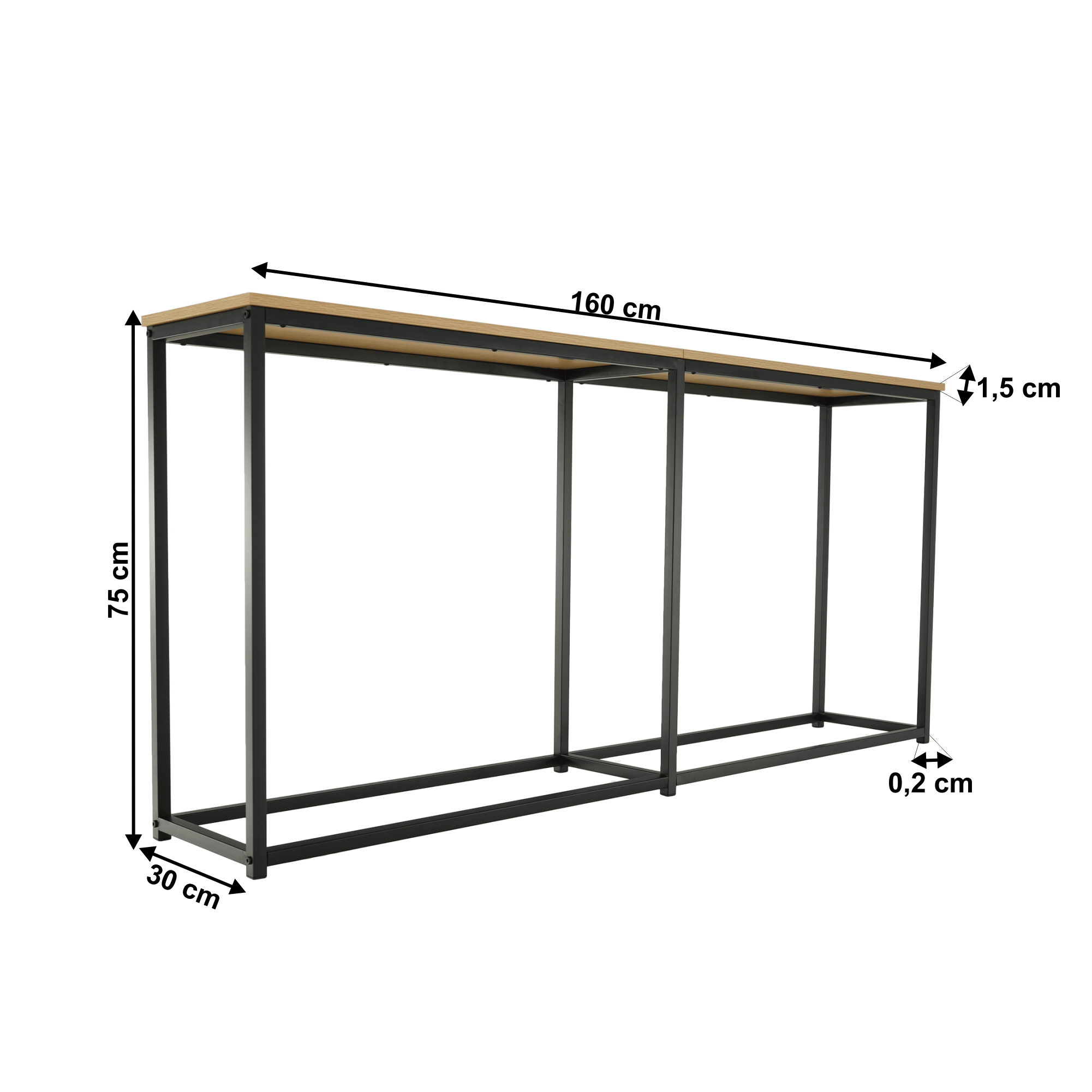 Consola BUSTA, stejar/negru, DTD infoliat/otel, 160x30x75 cm