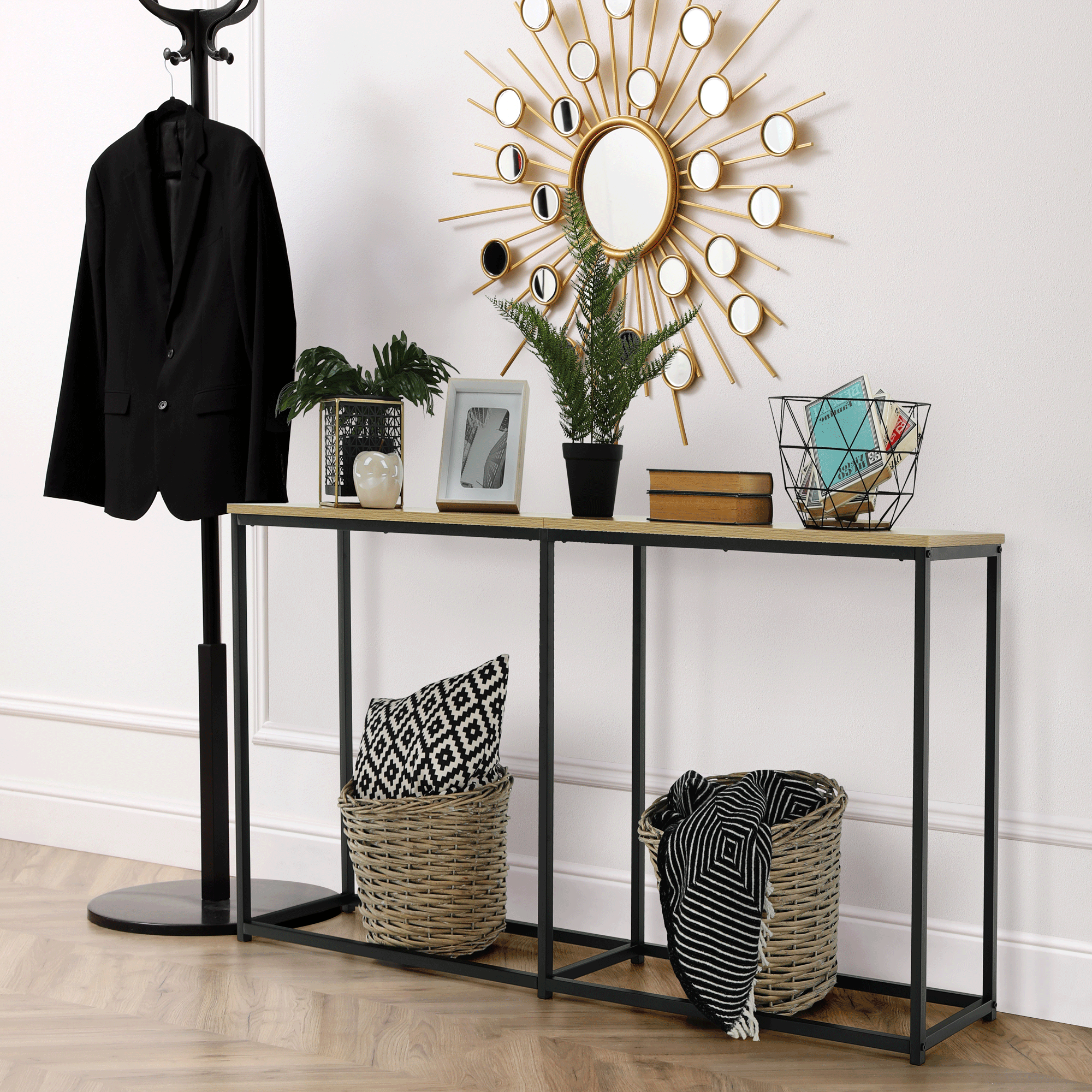Consola BUSTA, stejar/negru, DTD infoliat/otel, 160x30x75 cm