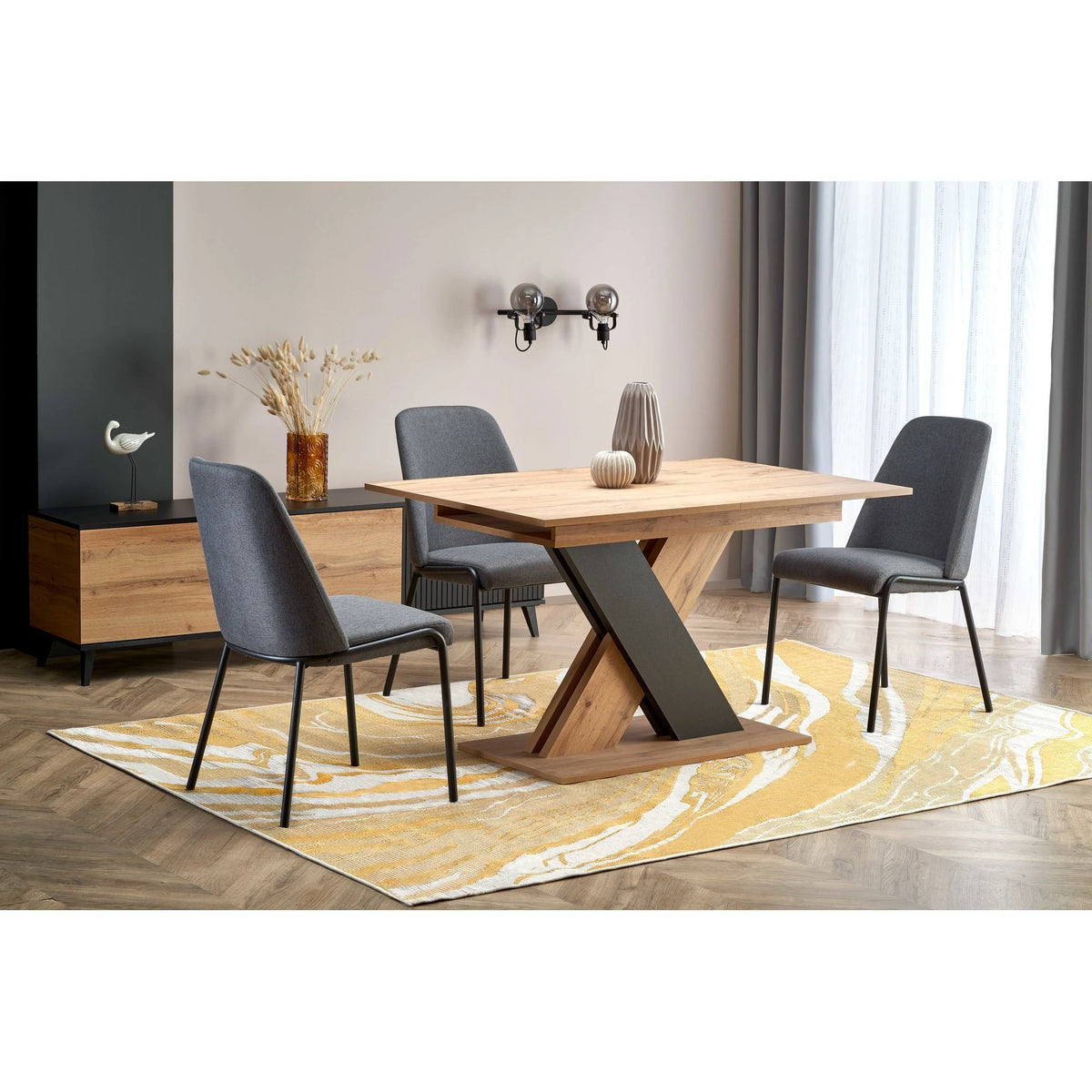 Masa extensibila XARELTO, stejar/negru, PAL furniruit, 130/175x85x76 cm