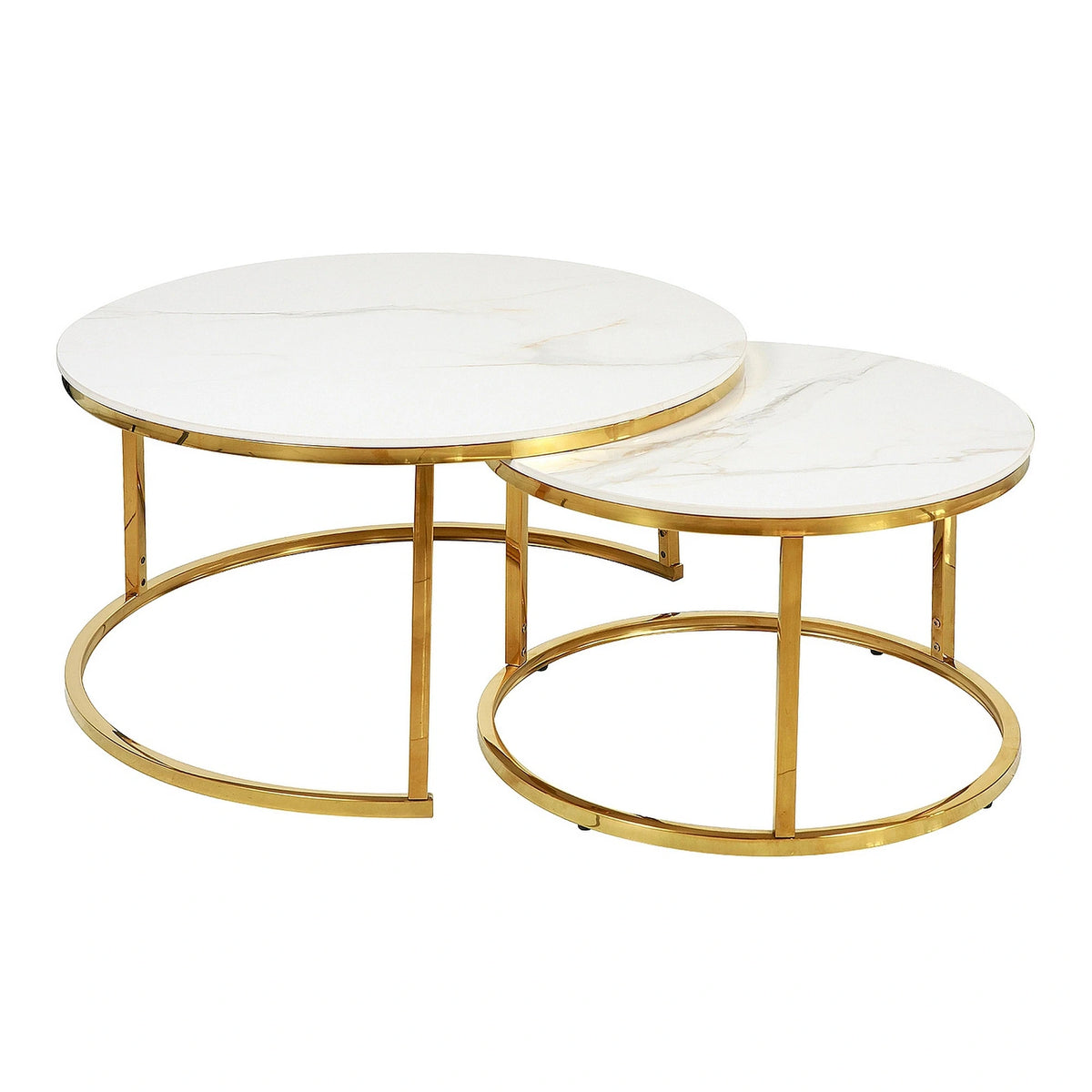 Set 2 masute cafea PORTAFINO A, alb cu efect de marmura/auriu, ceramica/metal, 80/60
