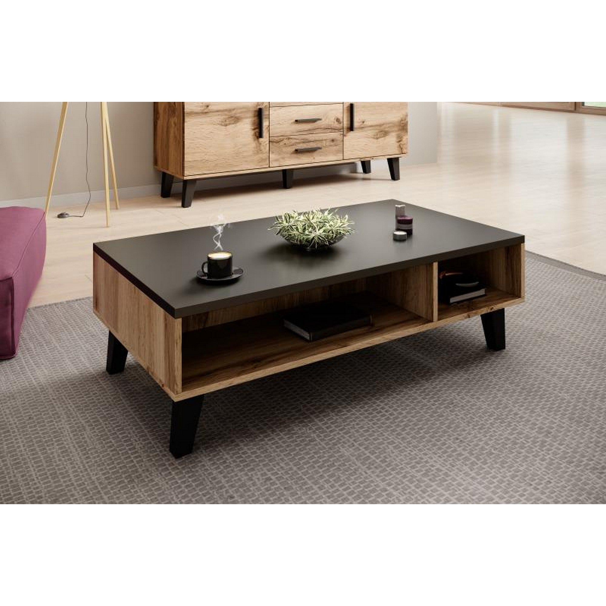 Masuta cafea LOTTA, negru/stejar sonoma, PAL, 110x60x35 cm