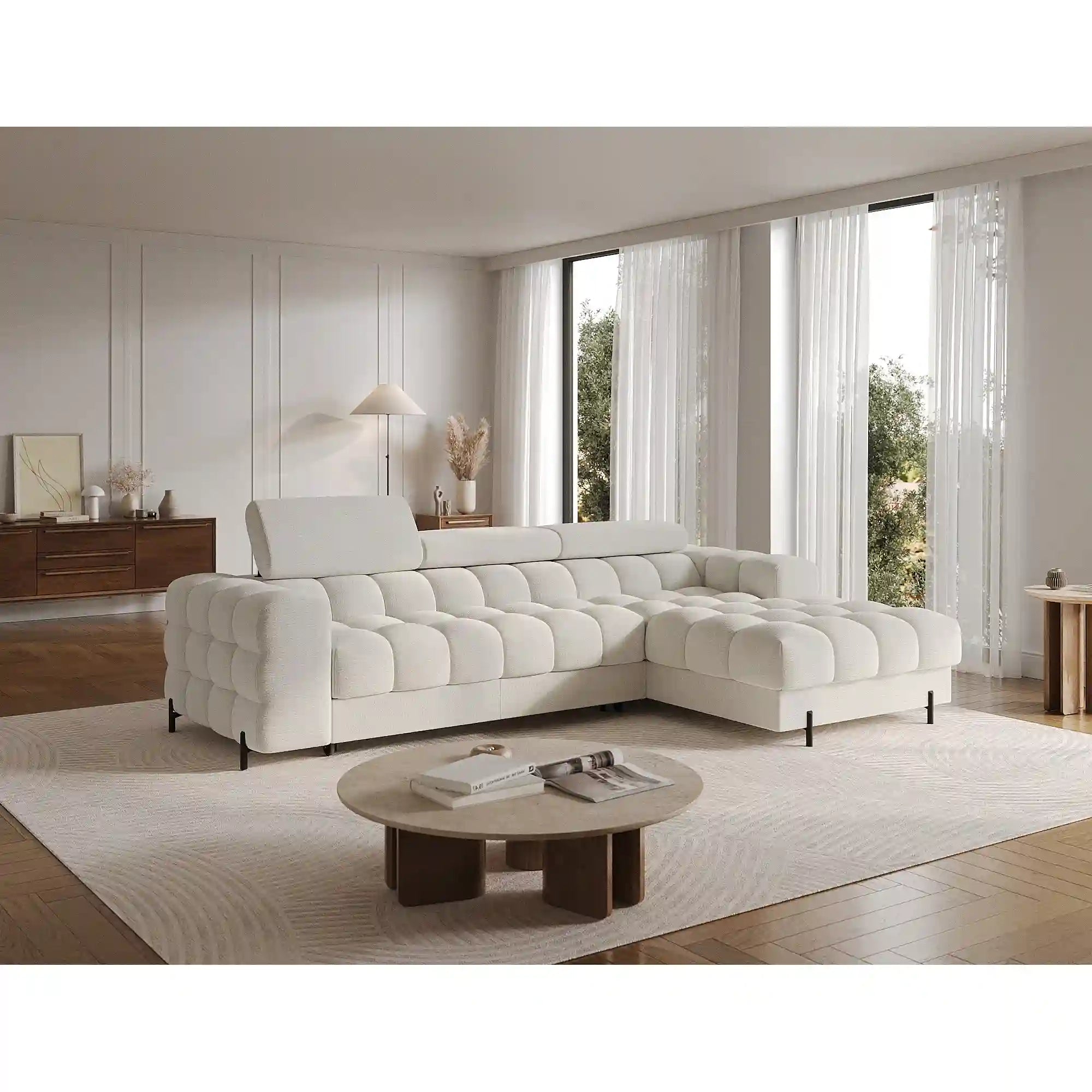 Coltar extensibil FELRO, sezlong dreapta, stofa clasica alb - Royal 01, cu lada de depozitare si tetiere reglabile, 285x181x93 cm