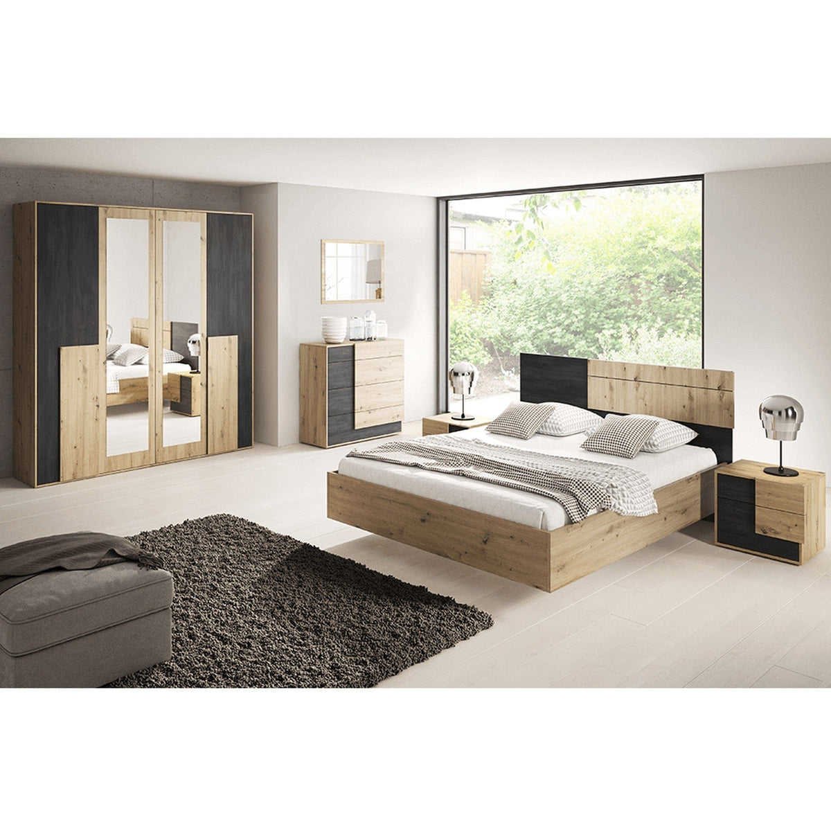 Cadru pat BAFRA 160x200, stejar artisan/pin negru, DTD laminat