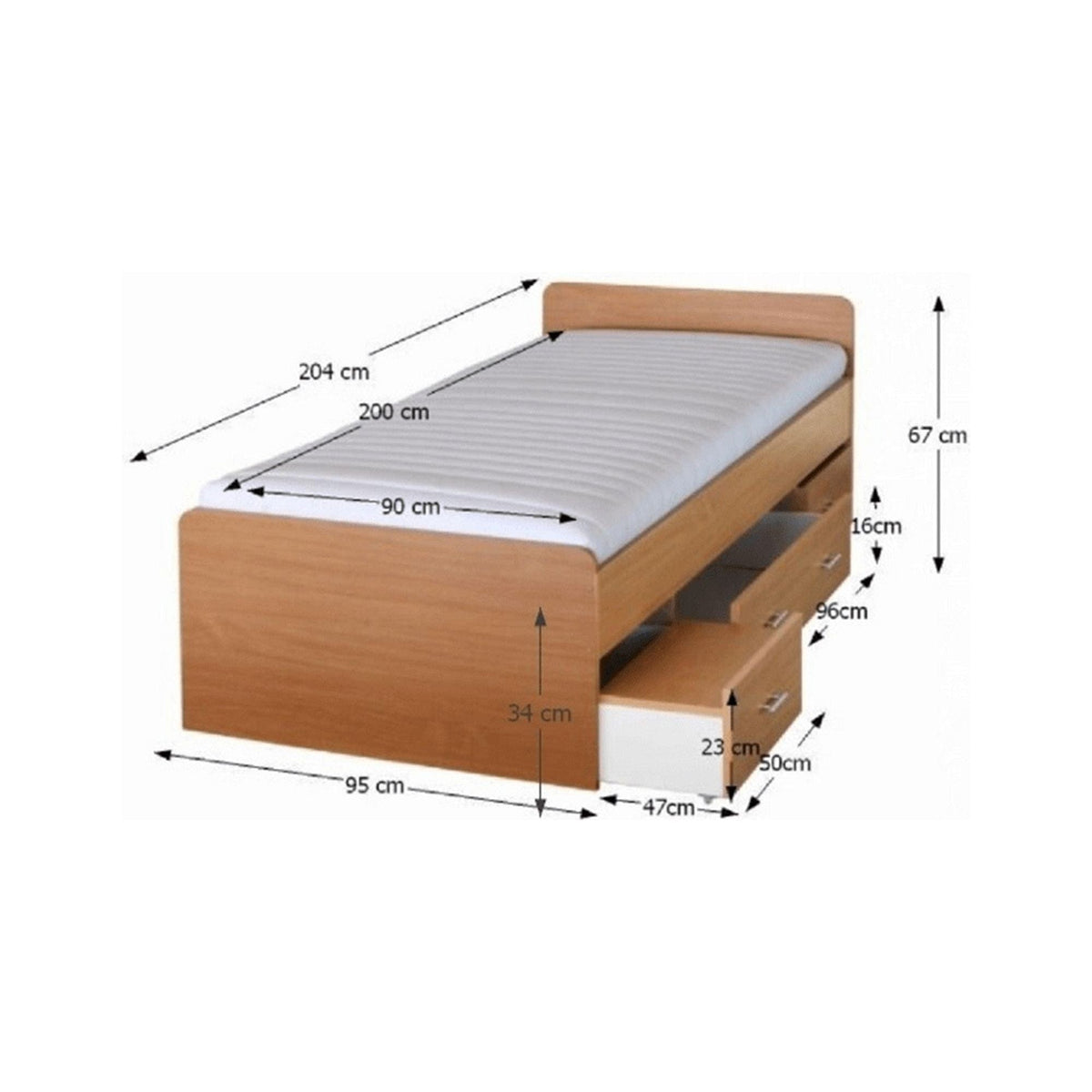 Cadru pat DUET 90x200, fag, PAL/metal, cu sertare