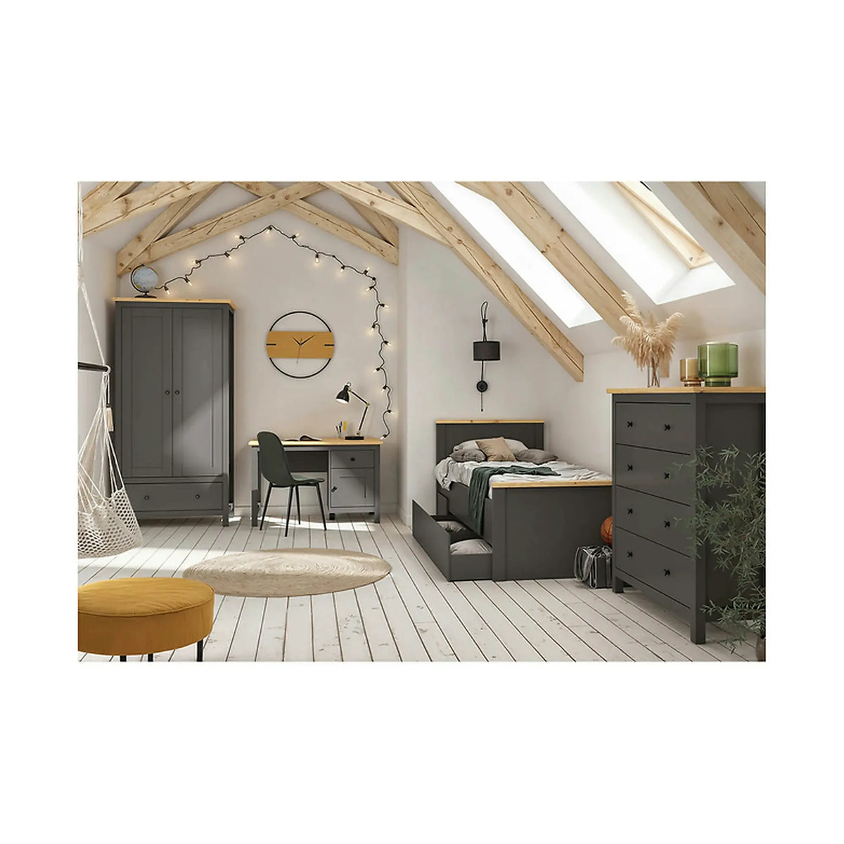 Cadru pat HESEN 90x200, gri grafit/stejar artisan, PAL