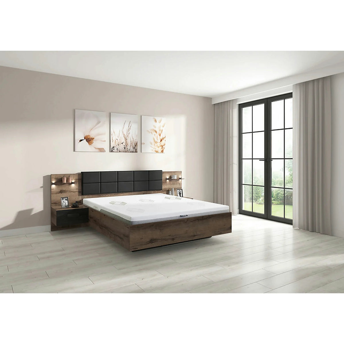 Cadru pat KASSEL 160x200, nuc/negru, PAL/piele ecologica, cu iluminare LED si 2 noptiere integrate
