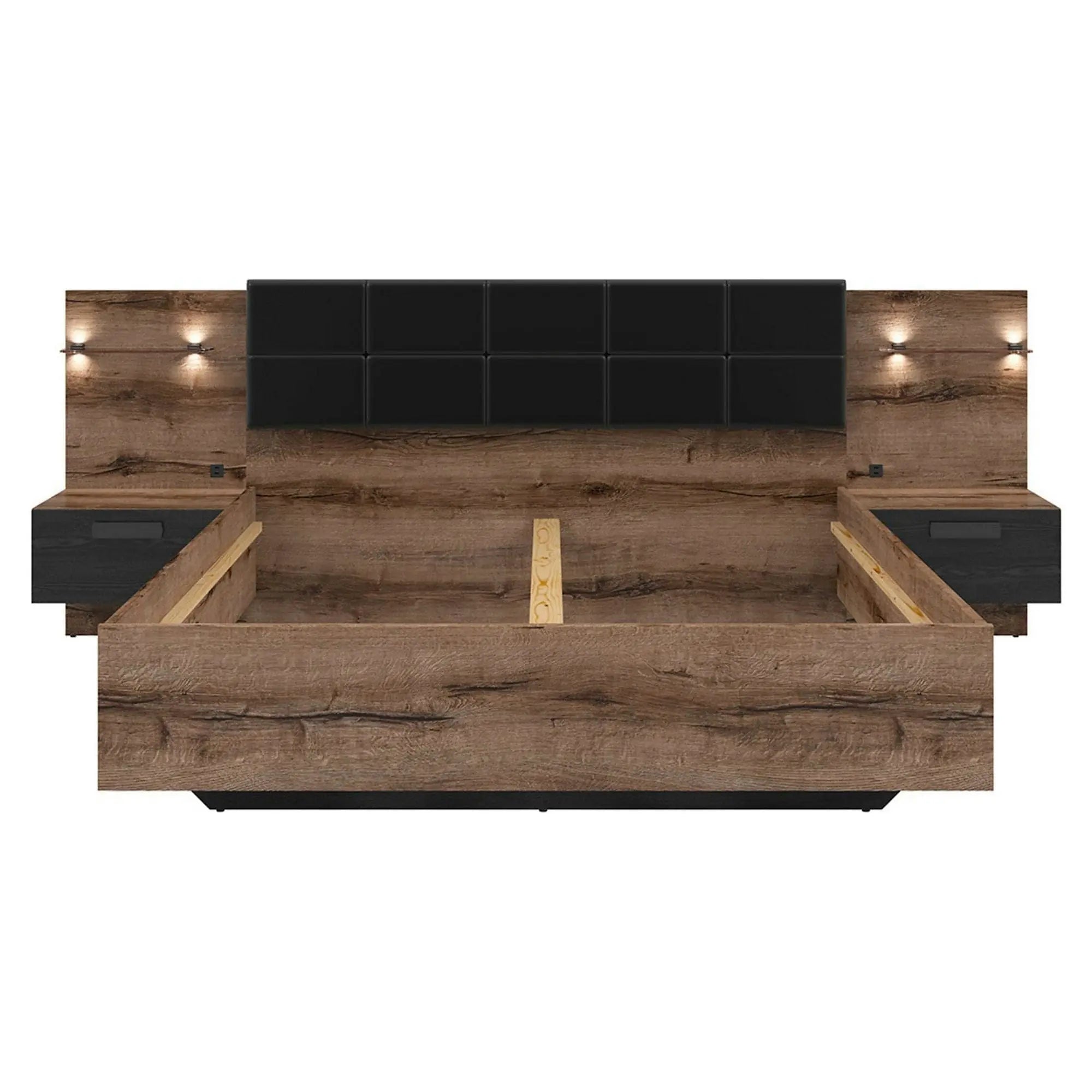 Cadru pat KASSEL 160x200, nuc/negru, PAL/piele ecologica, cu iluminare LED si 2 noptiere integrate