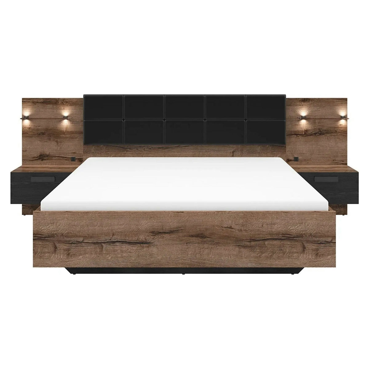 Cadru pat KASSEL 160x200, nuc/negru, PAL/piele ecologica, cu iluminare LED si 2 noptiere integrate