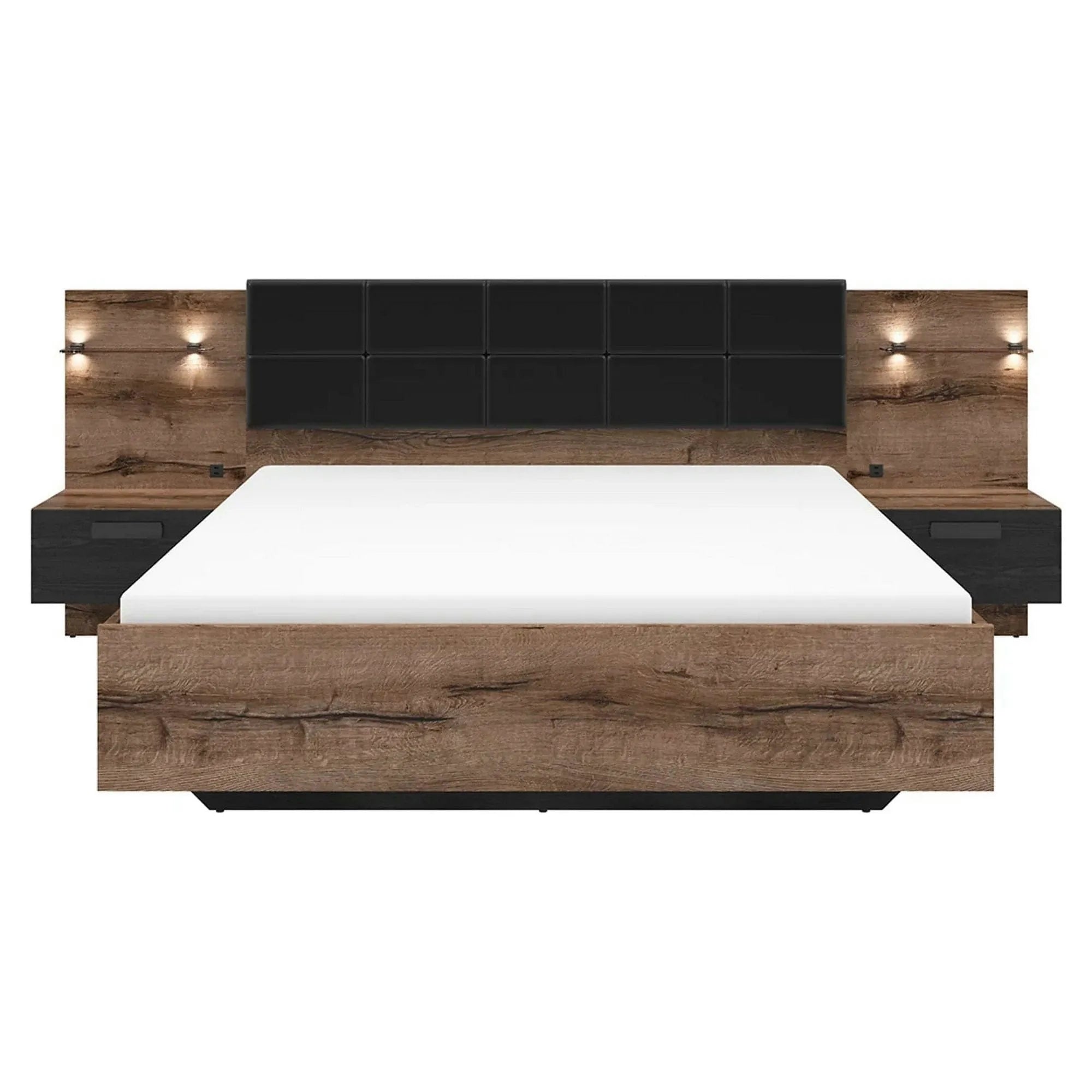 Cadru pat KASSEL 160x200, nuc/negru, PAL/piele ecologica, cu iluminare LED si 2 noptiere integrate