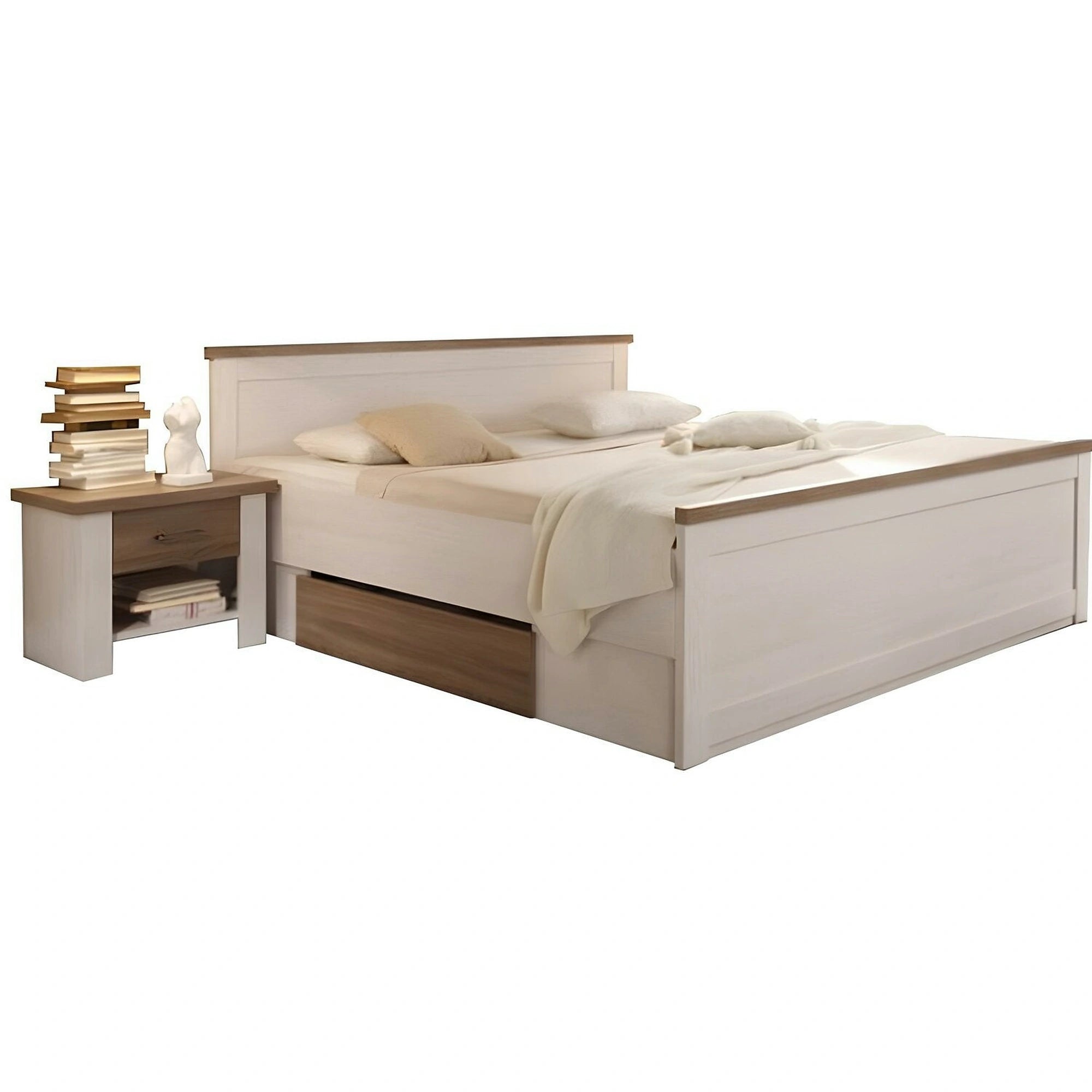 Cadru pat LUMERA 180x200, pin alb/stejar trufa, PAL melaminat, cu 2 sertare si 2 noptiere