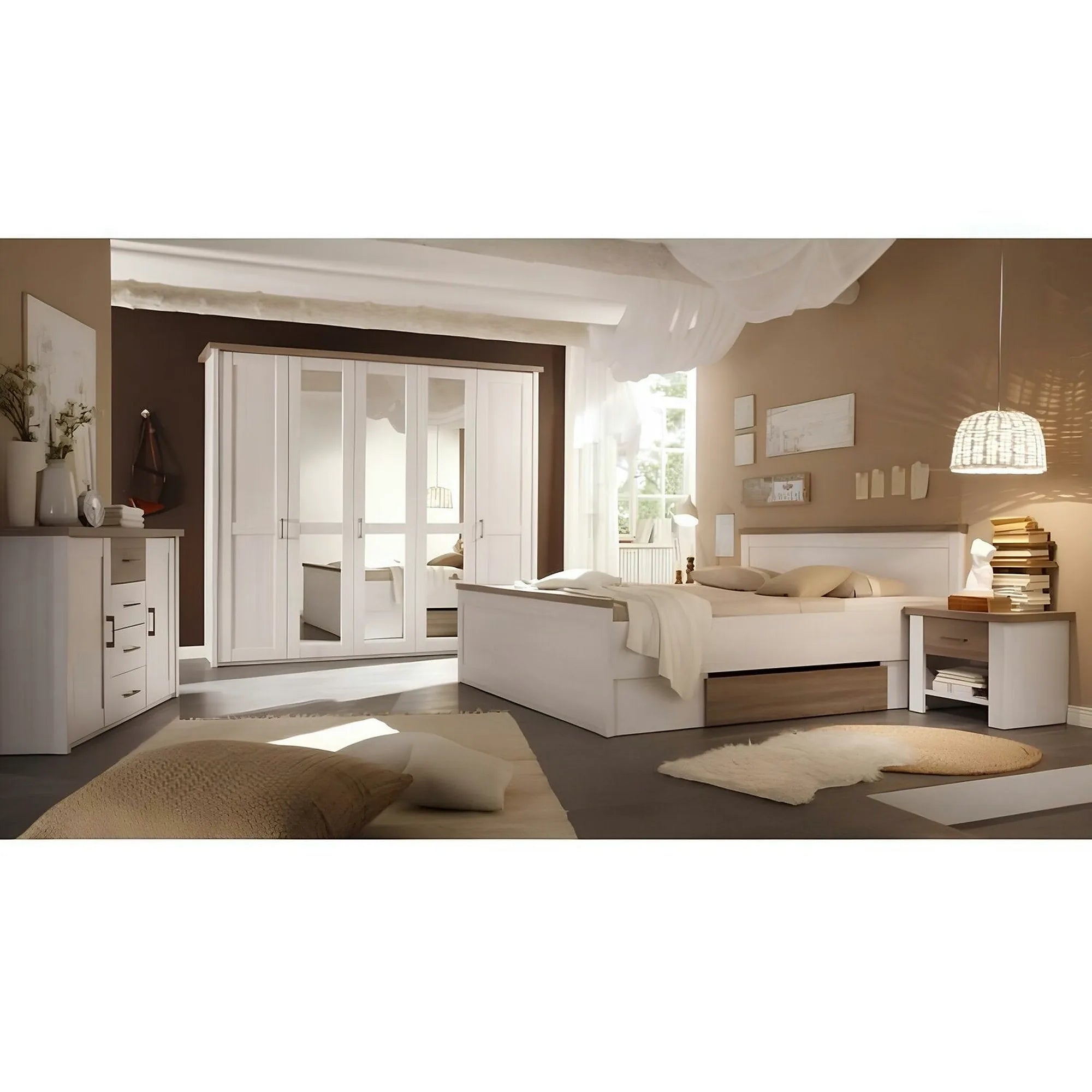 Cadru pat LUMERA 180x200, pin alb/stejar trufa, PAL melaminat, cu 2 sertare si 2 noptiere