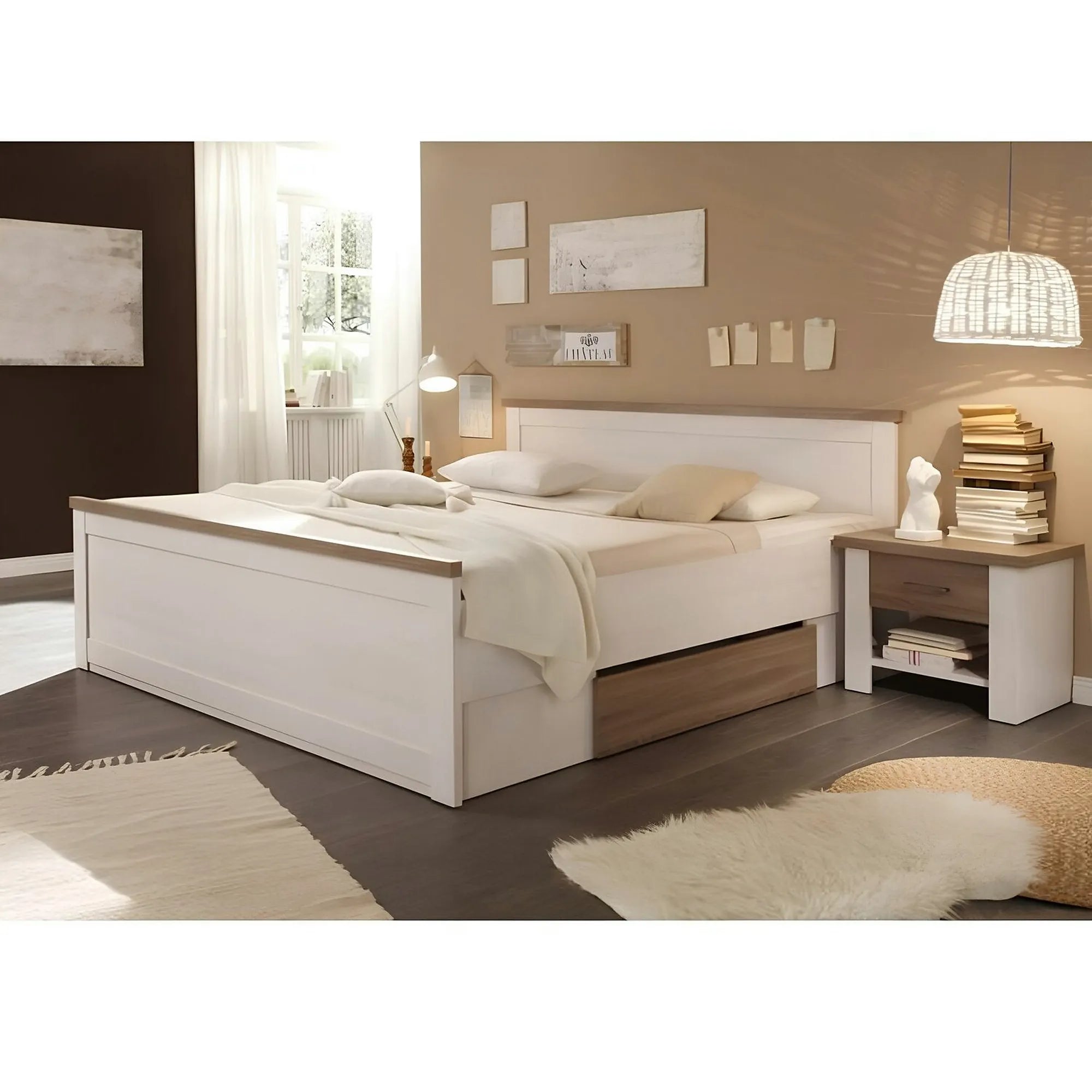 Cadru pat LUMERA 180x200, pin alb/stejar trufa, PAL melaminat, cu 2 sertare si 2 noptiere