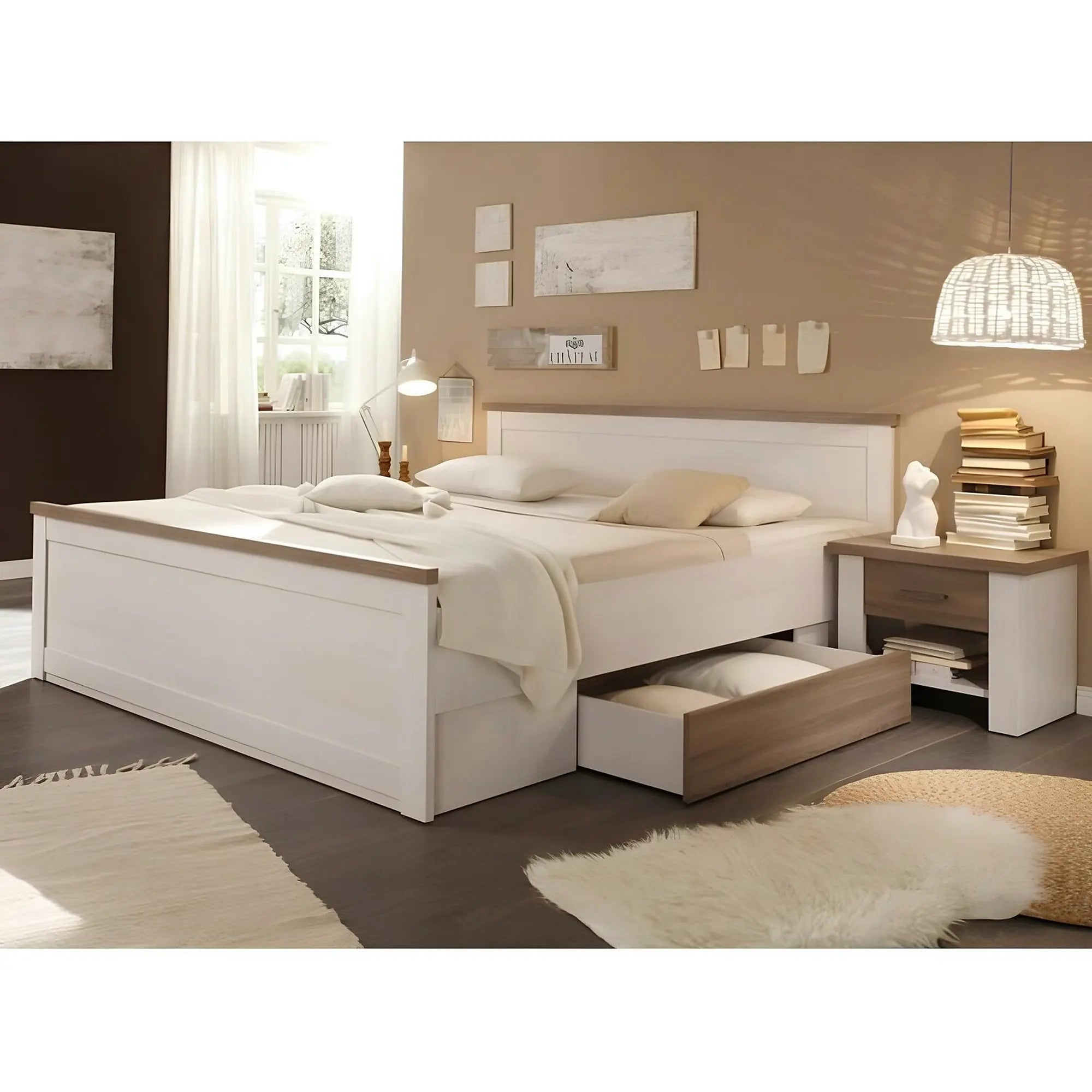 Cadru pat LUMERA 180x200, pin alb/stejar trufa, PAL melaminat, cu 2 sertare si 2 noptiere