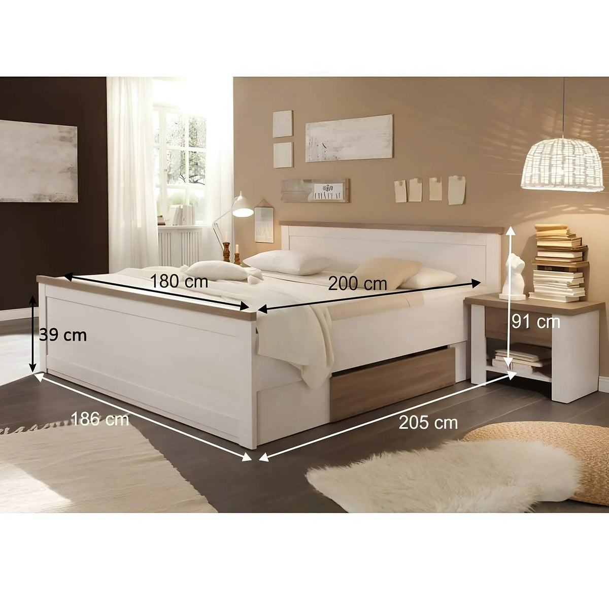 Cadru pat LUMERA 180x200, pin alb/stejar trufa, PAL melaminat, cu 2 sertare si 2 noptiere