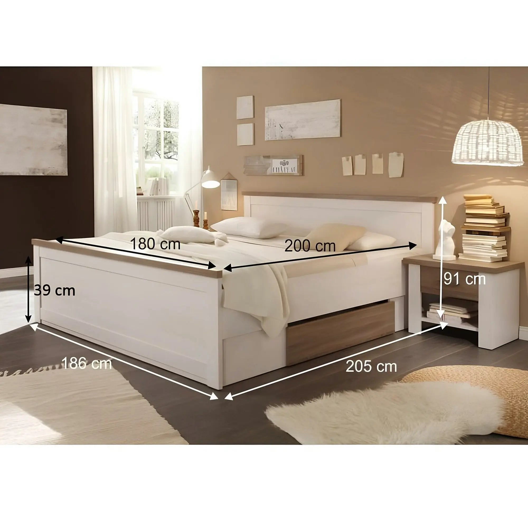 Cadru pat LUMERA 180x200, pin alb/stejar trufa, PAL melaminat, cu 2 sertare si 2 noptiere