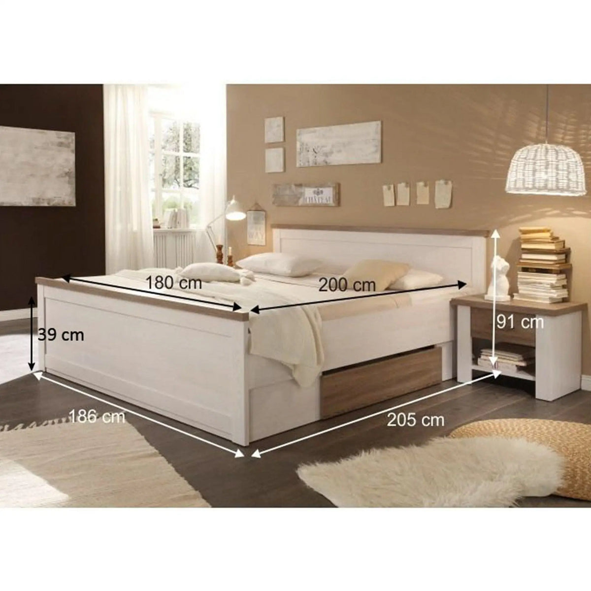 Cadru pat LUMERA 180x200, pin alb/stejar trufa, PAL melaminat, cu 2 sertare si 2 noptiere