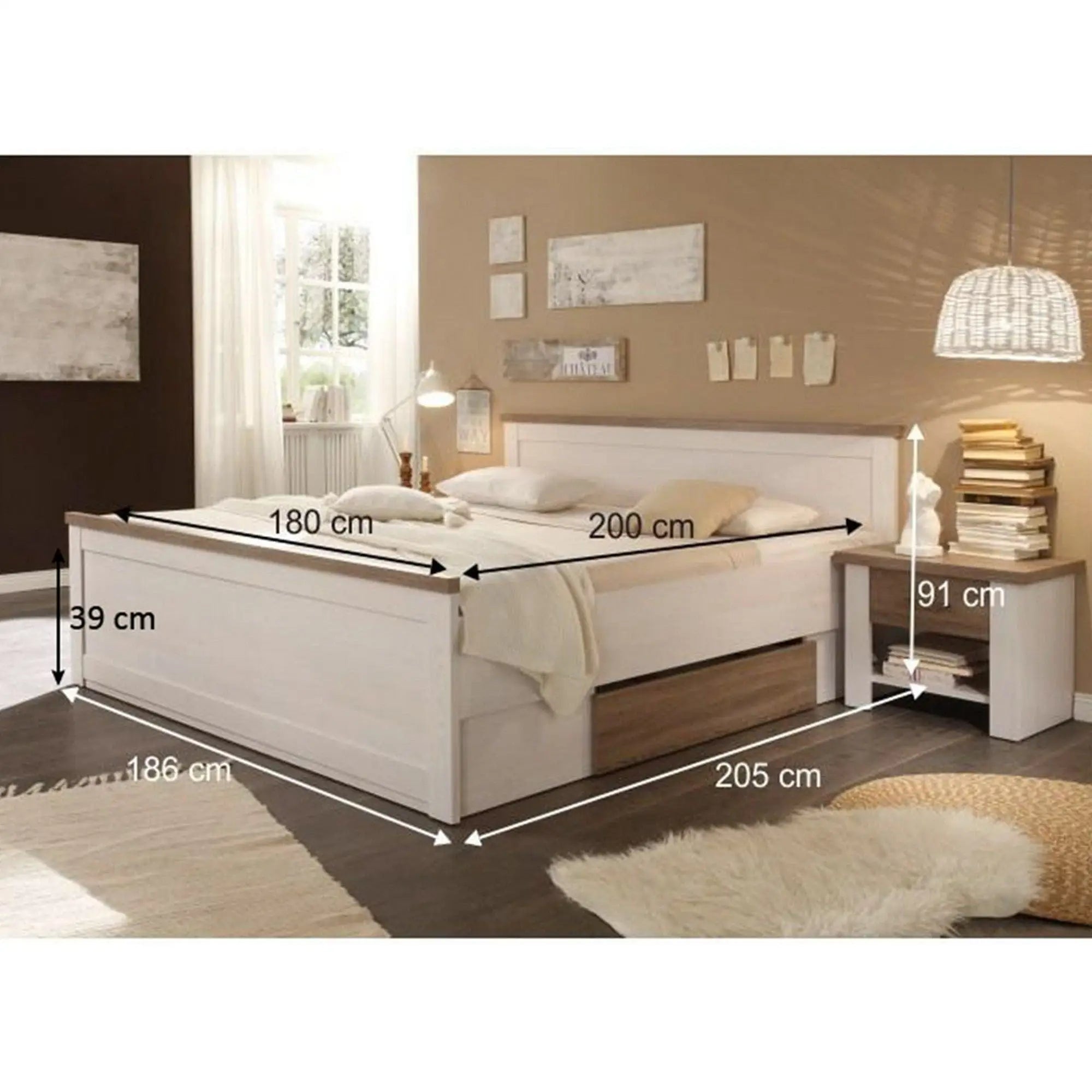 Cadru pat LUMERA 180x200, pin alb/stejar trufa, PAL melaminat, cu 2 sertare si 2 noptiere