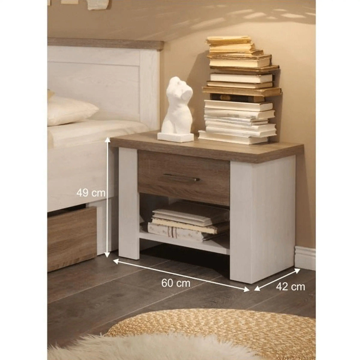 Cadru pat LUMERA 180x200, pin alb/stejar trufa, PAL melaminat, cu 2 sertare si 2 noptiere