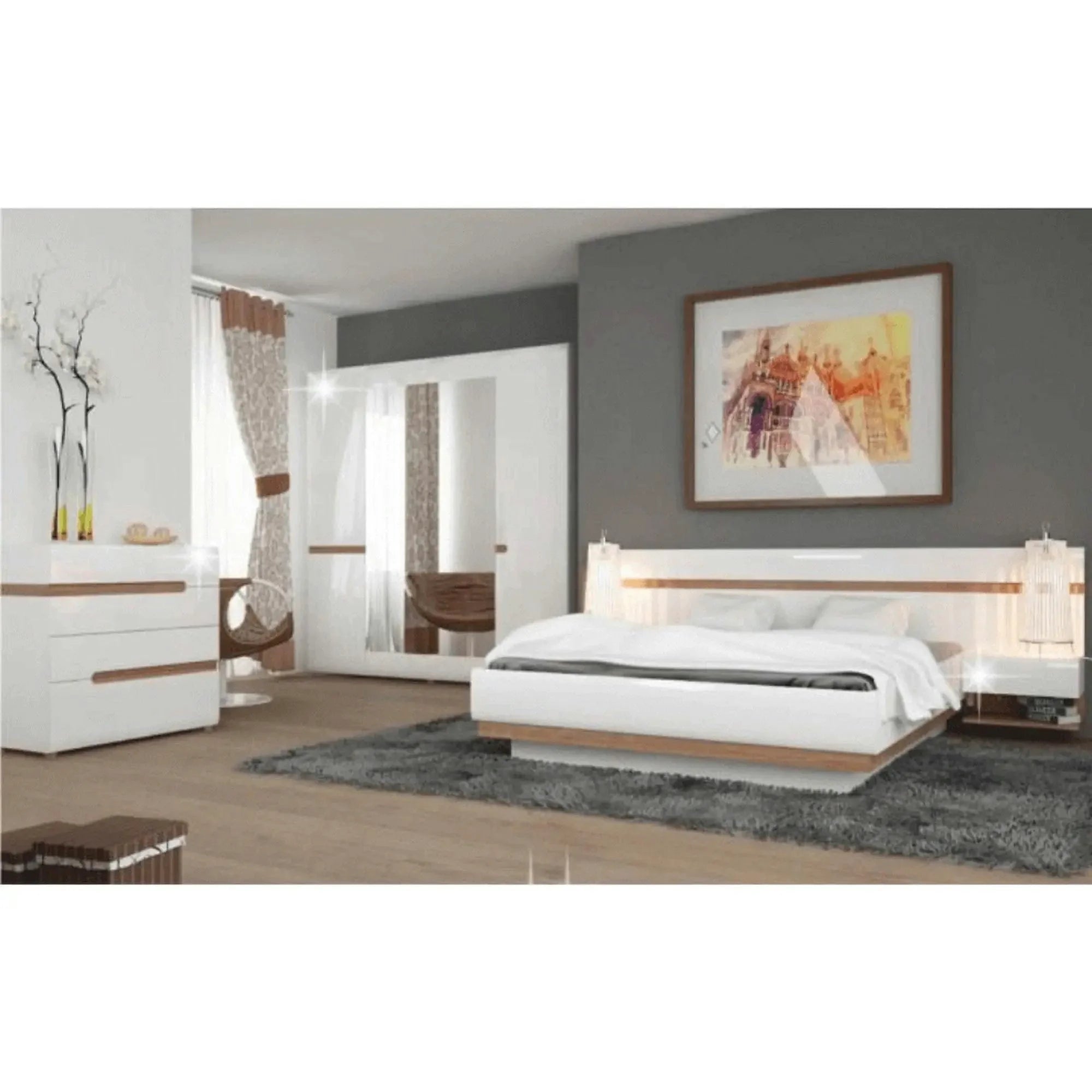 Cadru pat LYNATET TYP 91, 140x200, alb lucios/stejar inchis, PAL laminat