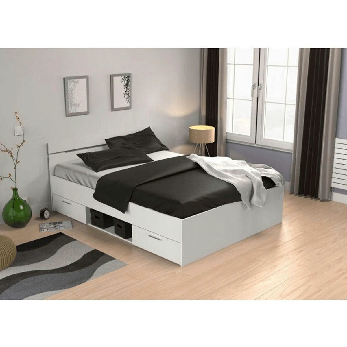 Cadru pat MICHIGAN NEW 140x200, alb, PAL/metal, cu sertare pentru depozitare