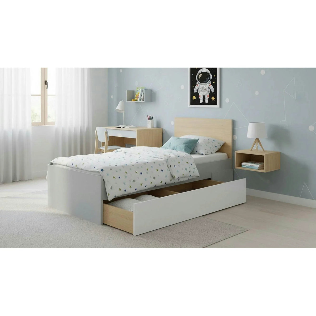 Cadru pat NANDU 90x200, stejar/gri deschis, PAL laminat