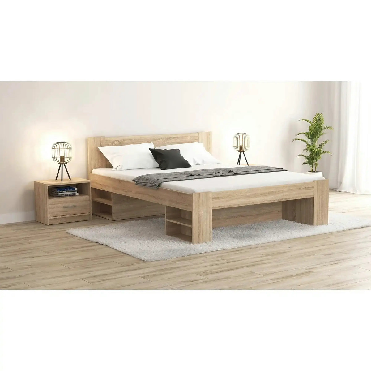 Cadru pat NEPO PLUS 140x200, stejar sonoma, PAL laminat, cu spatiu depozitare