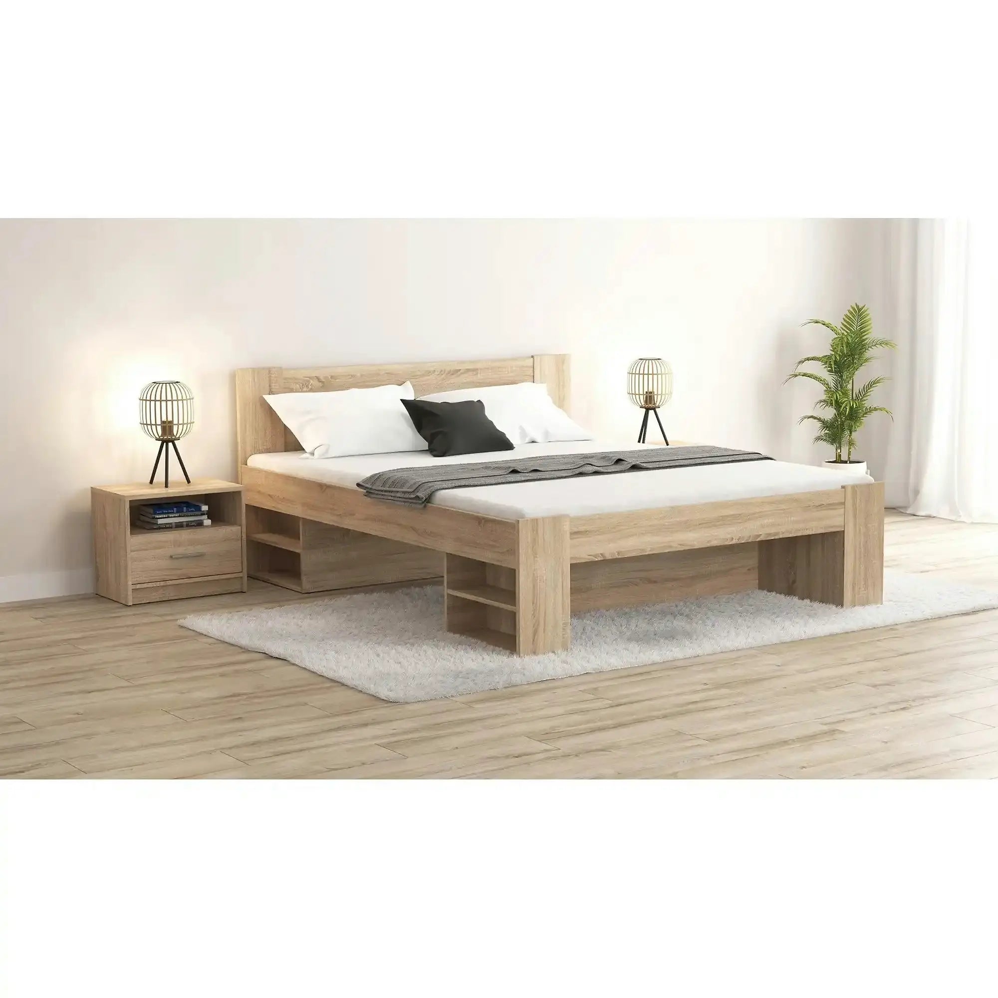Cadru pat NEPO PLUS 140x200, stejar sonoma, PAL laminat, cu spatiu depozitare
