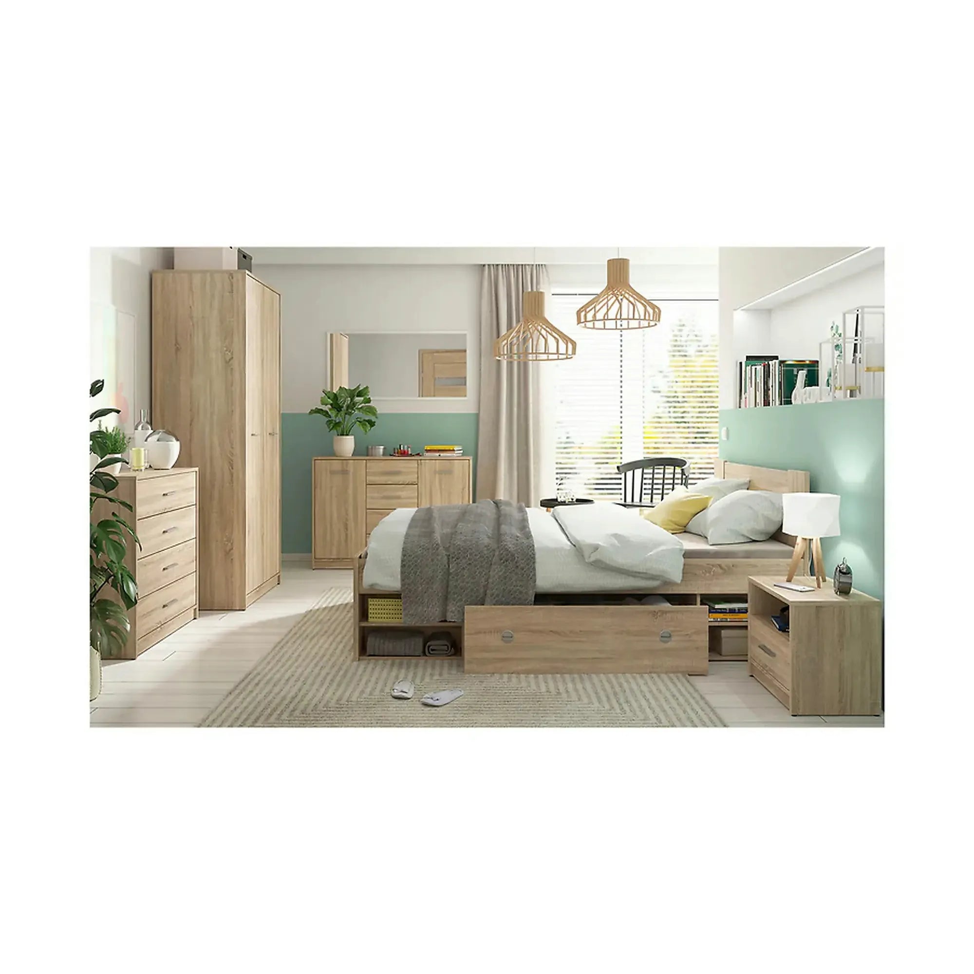 Cadru pat NEPO PLUS 140x200, stejar sonoma, PAL laminat, cu spatiu depozitare