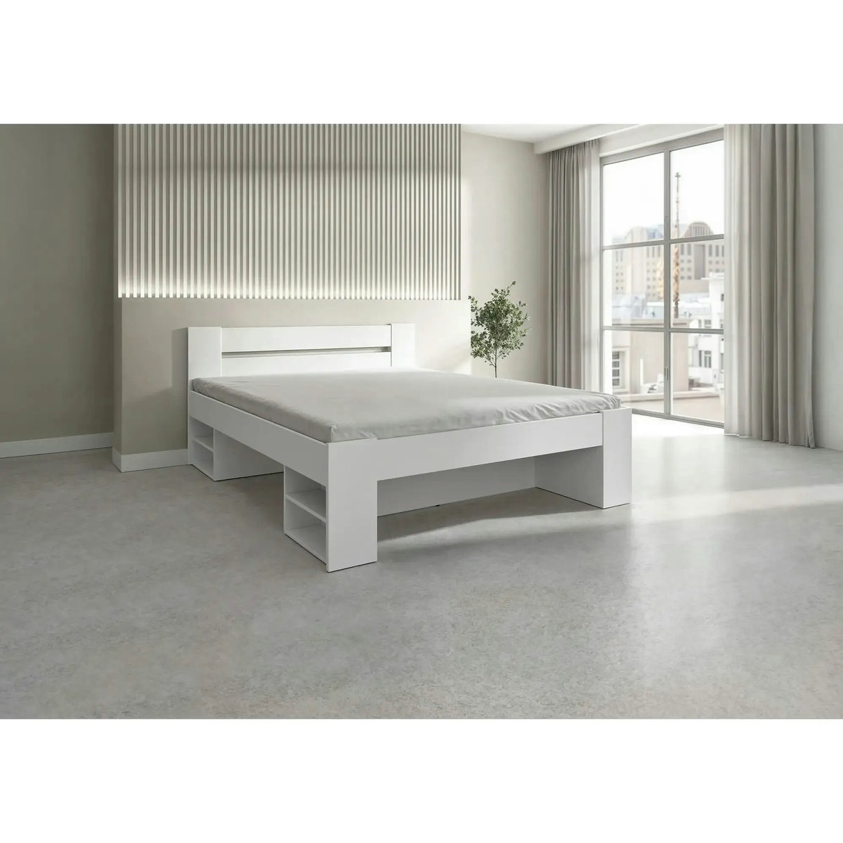 Cadru pat NEPO PLUS 160x200, alb, PAL laminat, cu spatiu depozitare