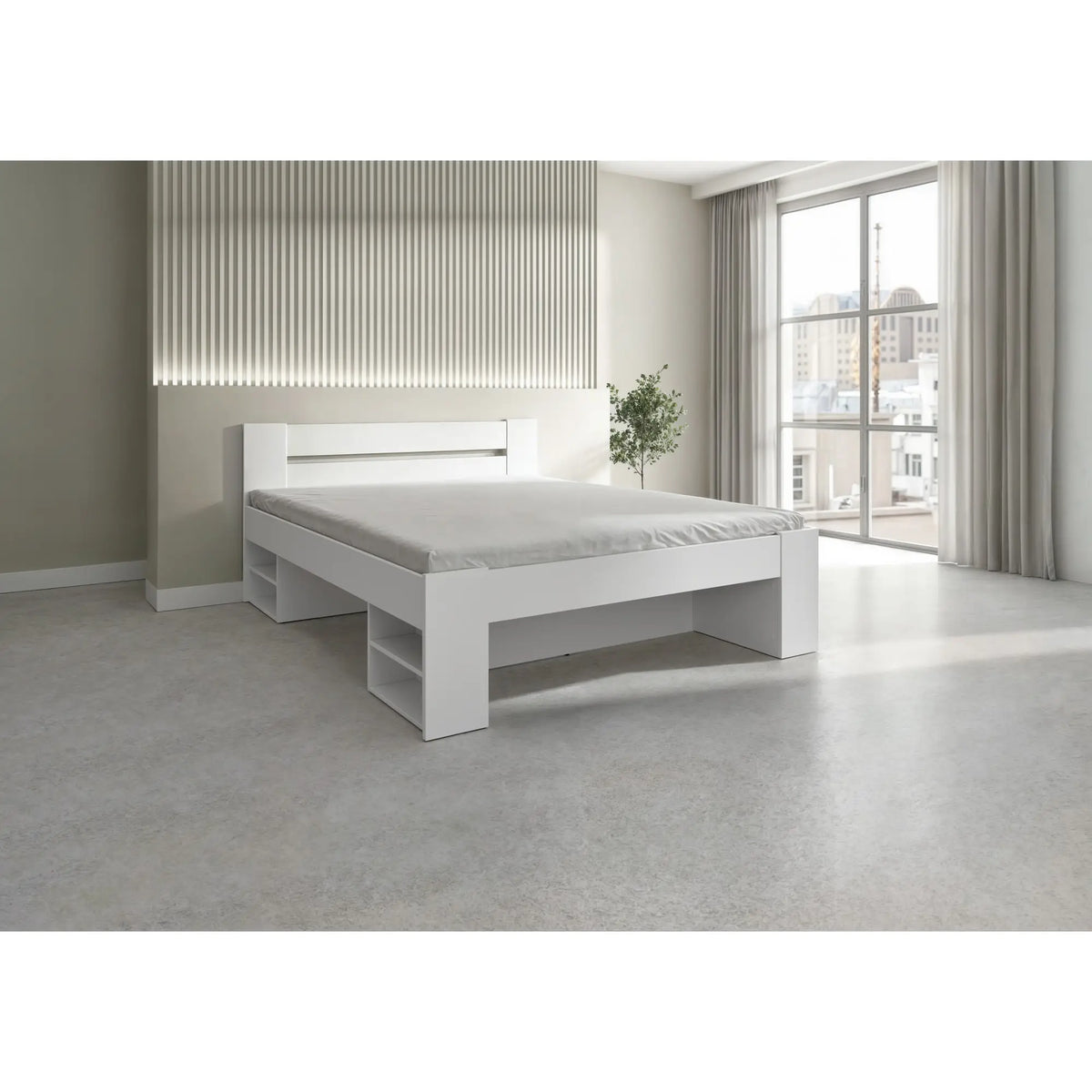 Cadru pat NEPO PLUS 160x200, alb, PAL laminat, cu spatiu depozitare