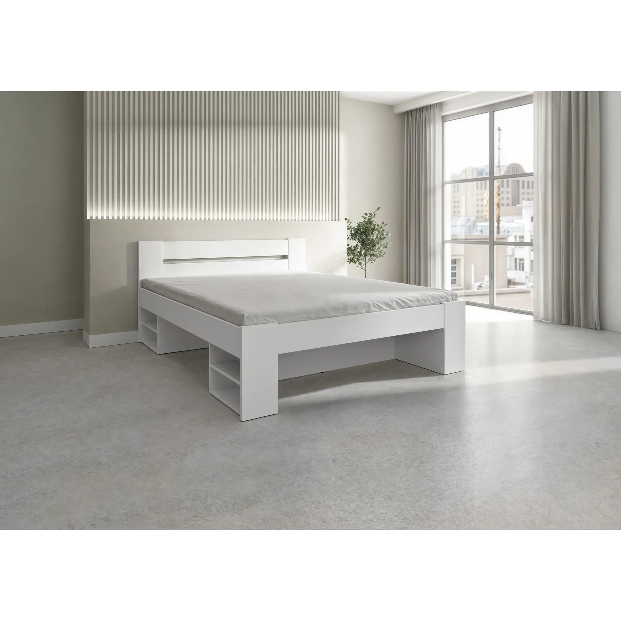 Cadru pat NEPO PLUS 160x200, alb, PAL laminat, cu spatiu depozitare