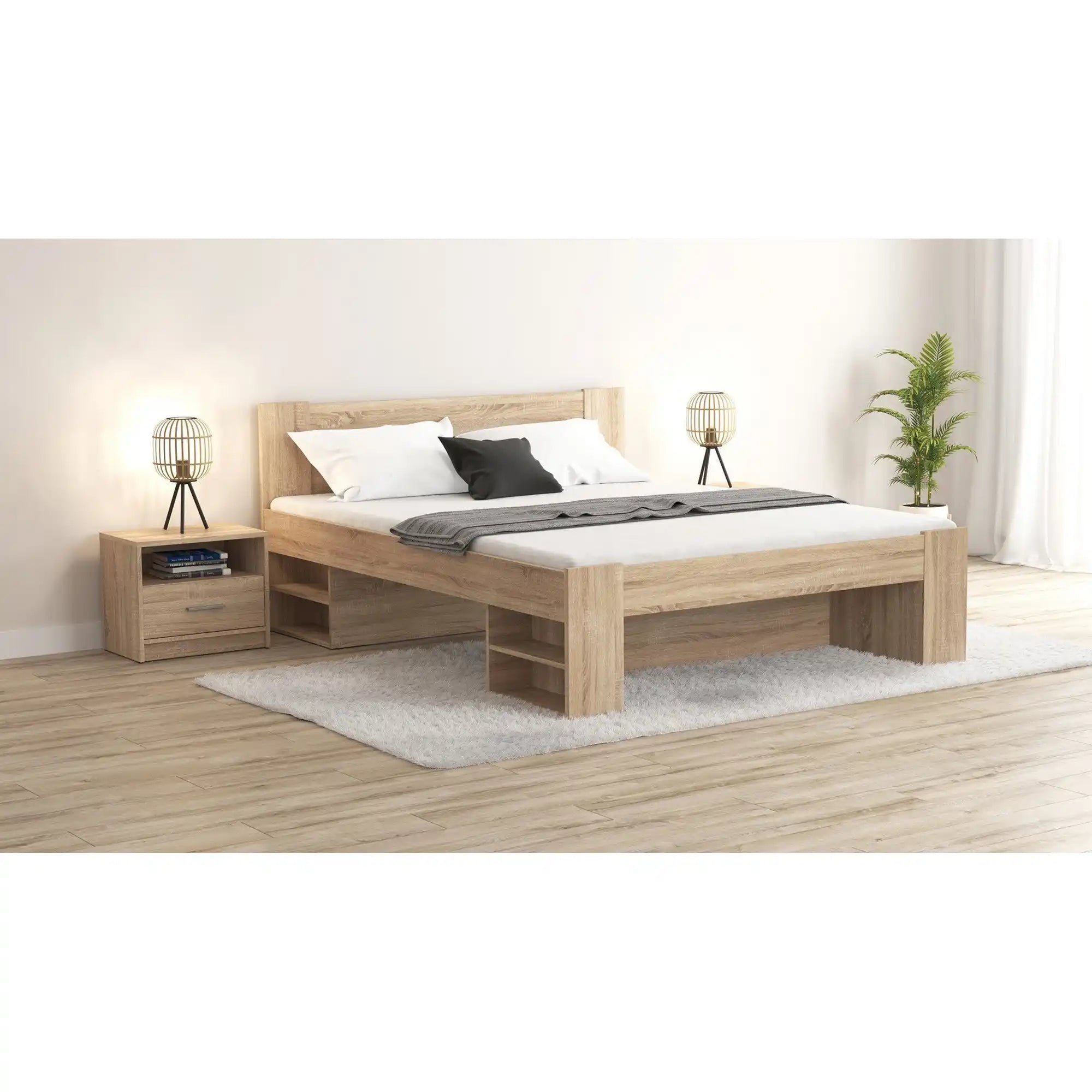 Cadru pat NEPO PLUS 160x200, stejar sonoma, PAL laminat, cu spatiu depozitare