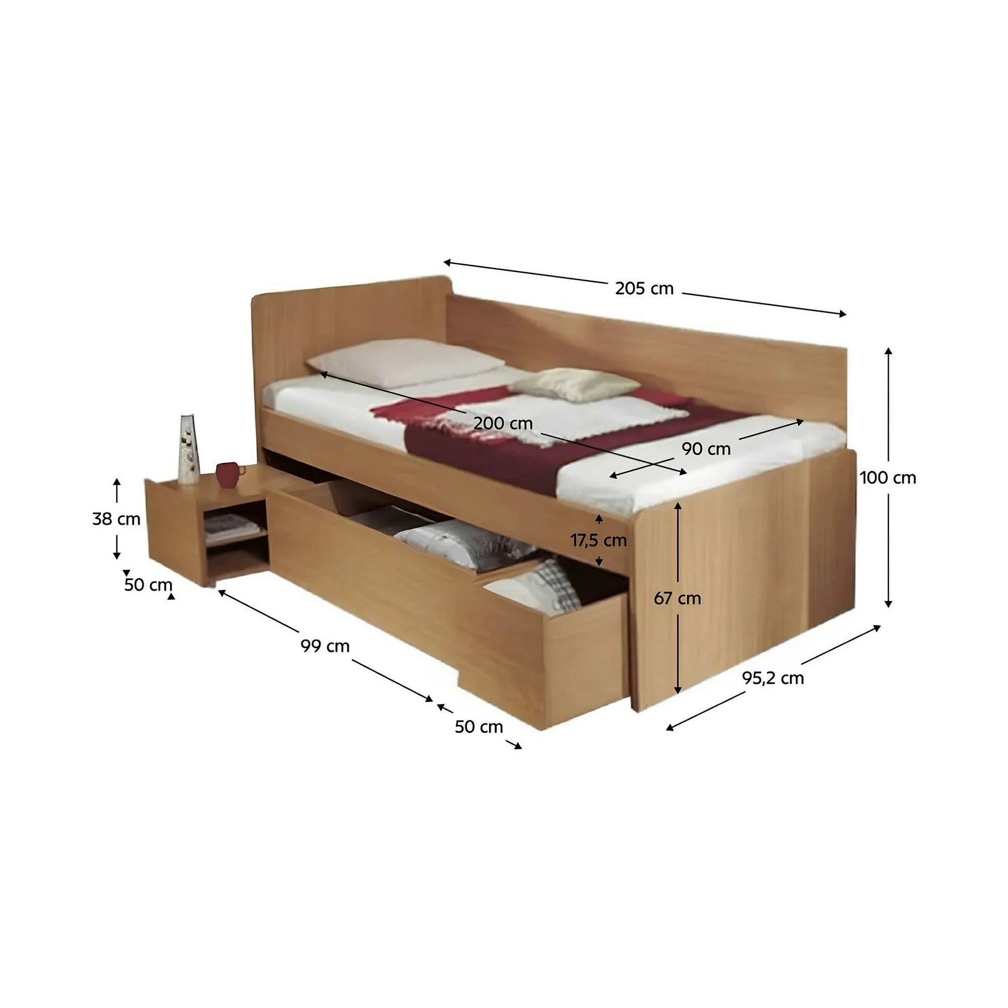 Cadru pat OTO 90x200, fag, PAL laminat, cu noptiera si spatii depozitare