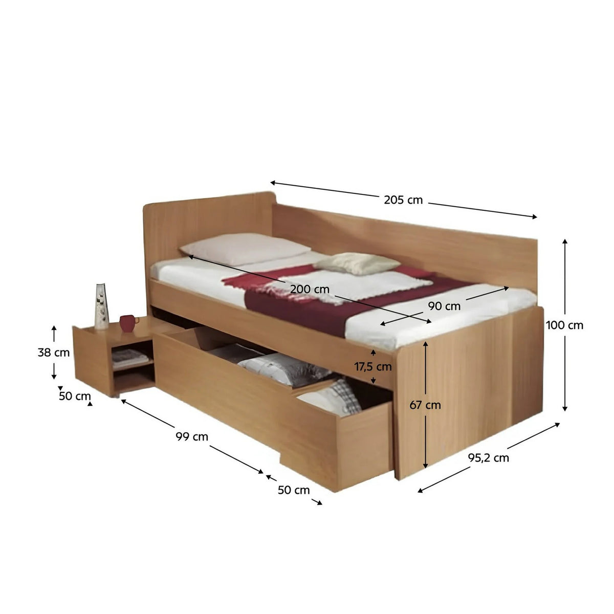 Cadru pat OTO 90x200, fag, PAL laminat, cu noptiera si spatii depozitare