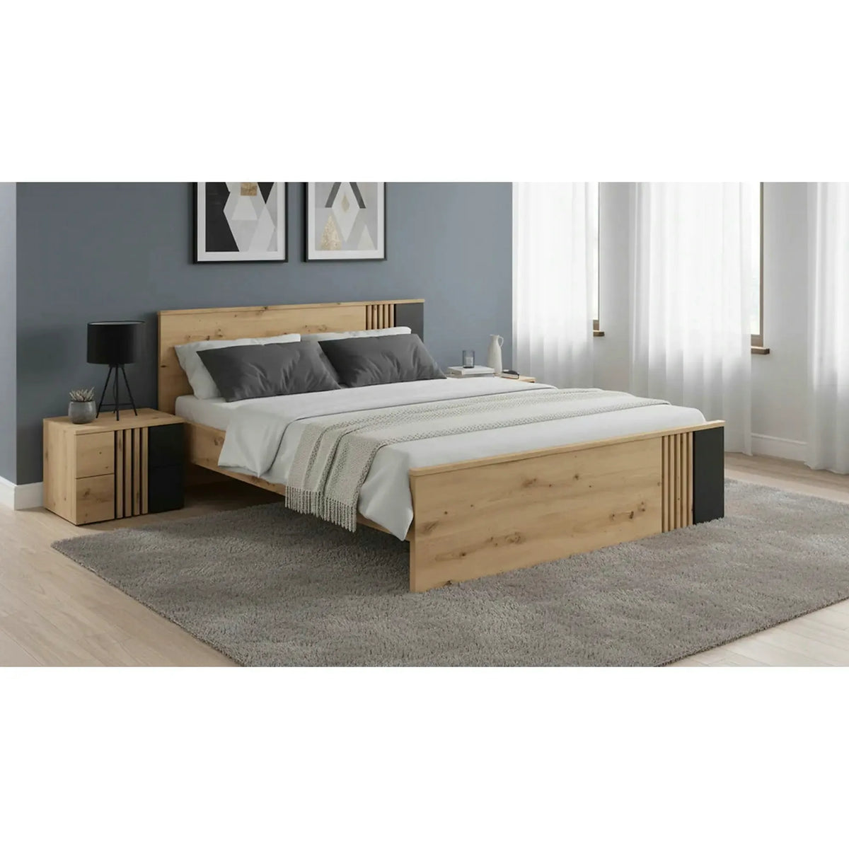 Cadru pat VABRES 160x200, stejar artisan/negru mat, PAL melaminat