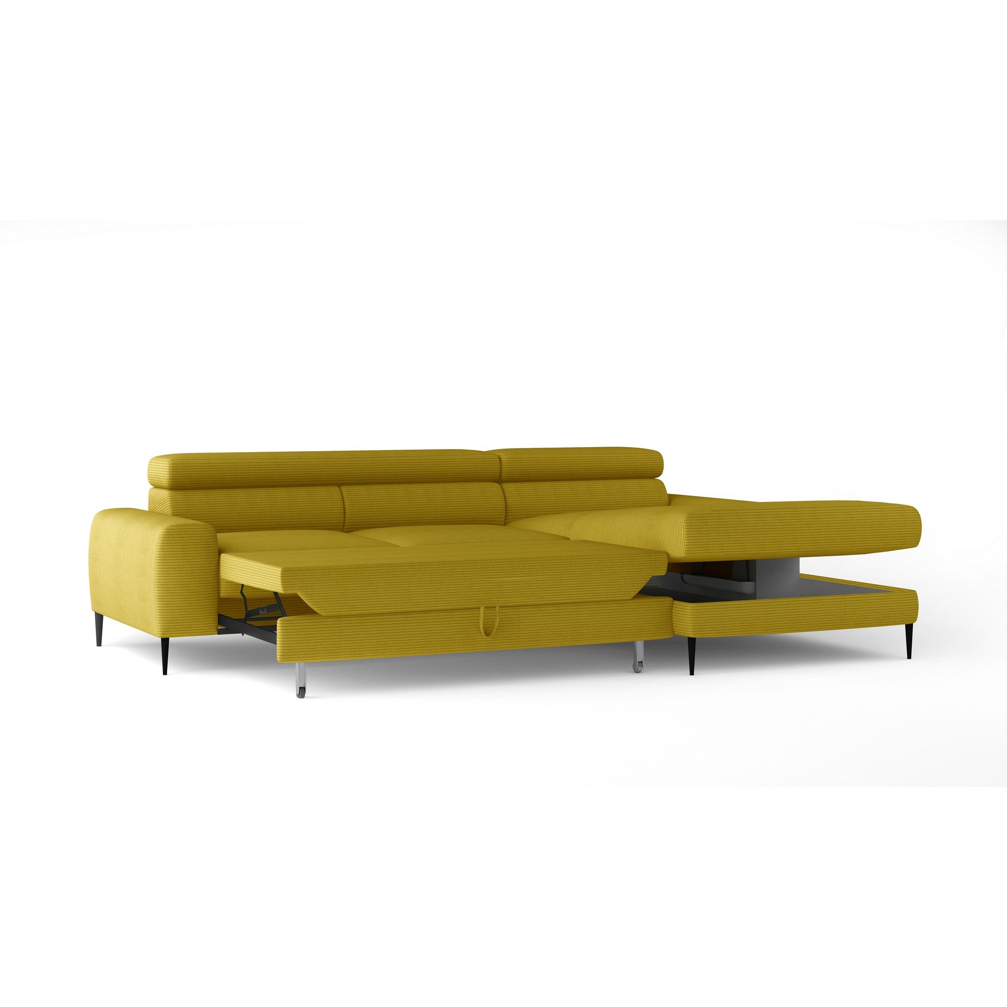 Coltar extensibil CALCIO MINI, personalizabil materiale Gama Premium, cu lada depozitare si tetiere reglabile, 240x165x86 cm