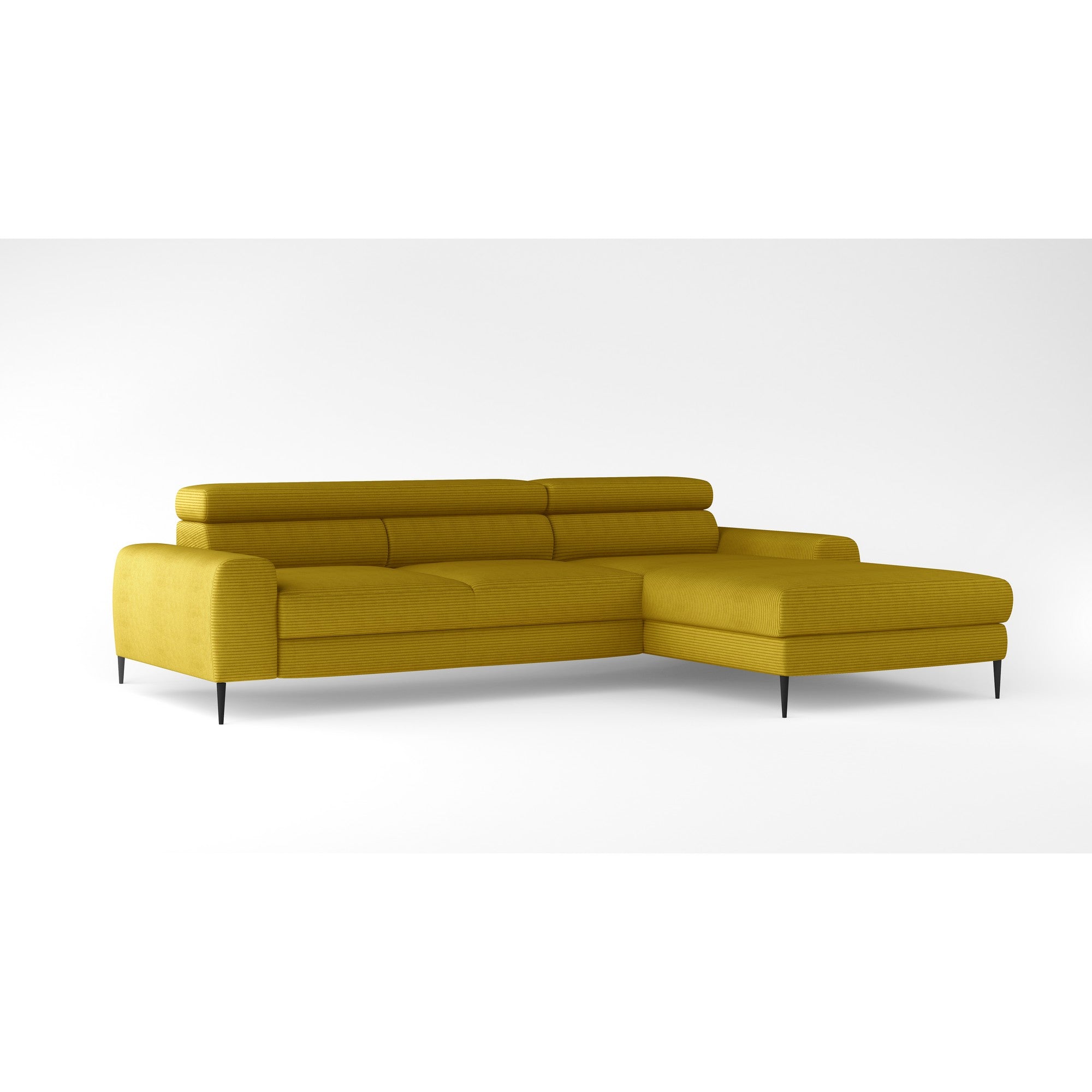Coltar extensibil CALCIO MINI, personalizabil materiale Gama Premium, cu lada depozitare si tetiere reglabile, 240x165x86 cm