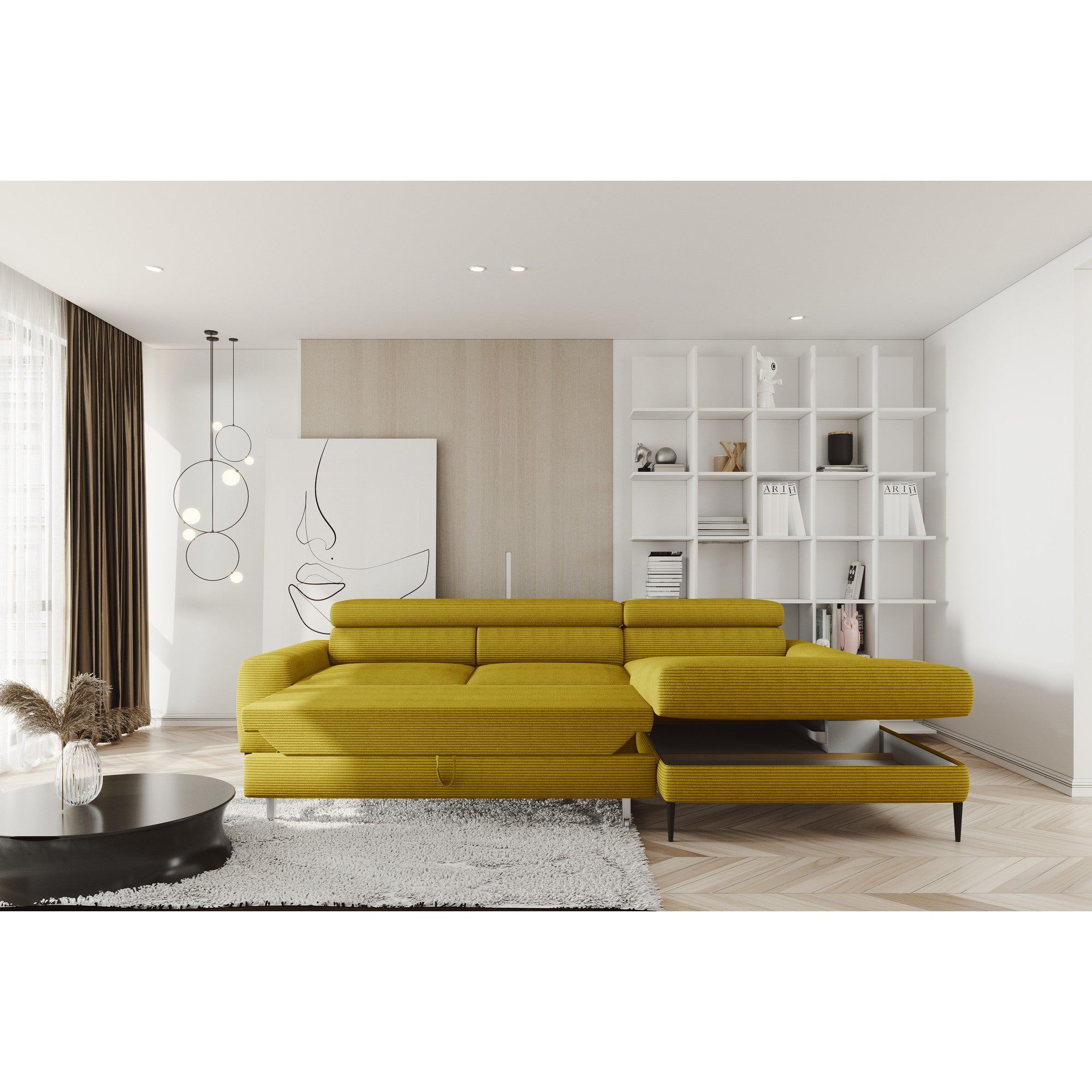 Coltar extensibil CALCIO MINI, personalizabil materiale Gama Premium, cu lada depozitare si tetiere reglabile, 240x165x86 cm