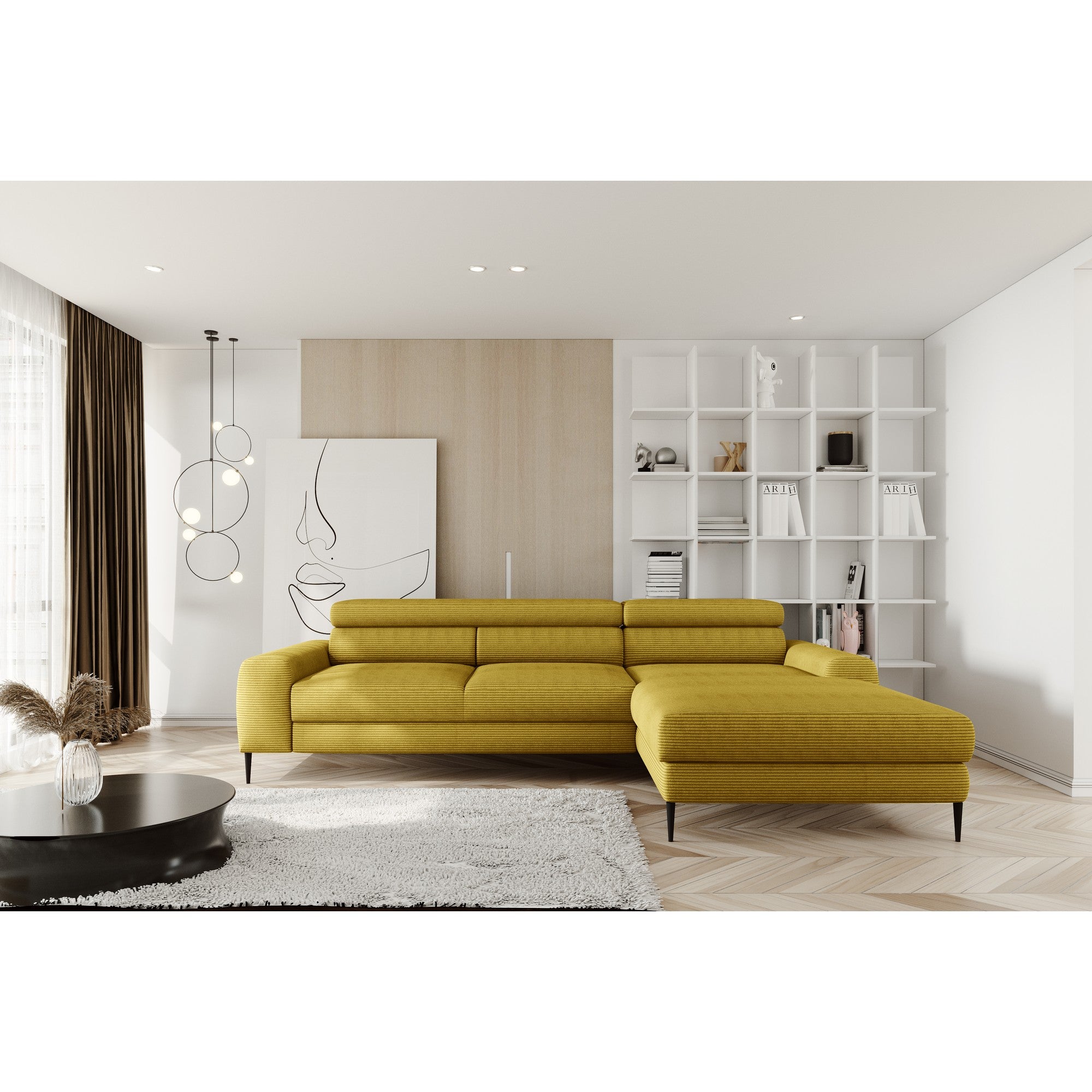 Coltar extensibil CALCIO MINI, personalizabil materiale Gama Premium, cu lada depozitare si tetiere reglabile, 240x165x86 cm